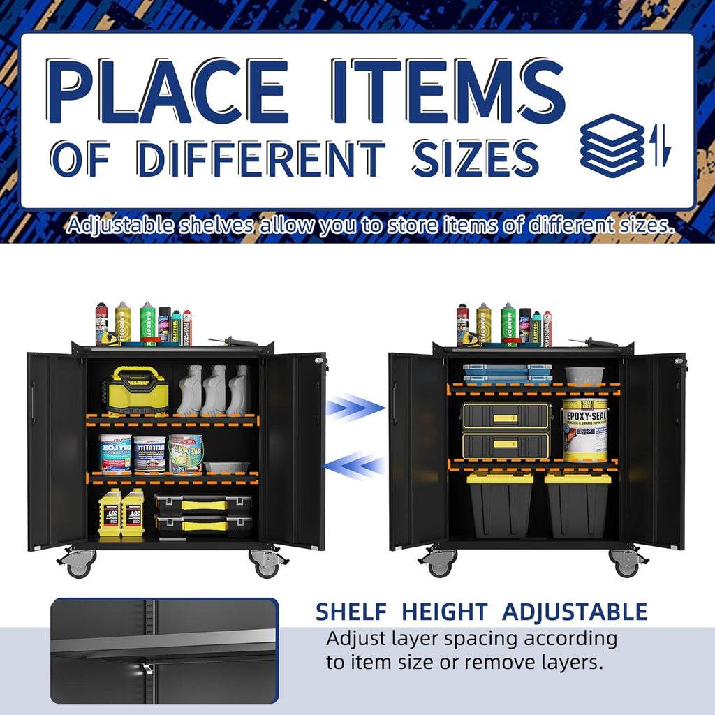 Metal Tool Cabinet,Garage Storage Cabinet System,Wall Cabinet & Locking Rolling Tool Cabinet with Doors and Adjustable Shelves,Steel Tool Cabinets for Home,Office (2 Pcs-StyleC, Black)