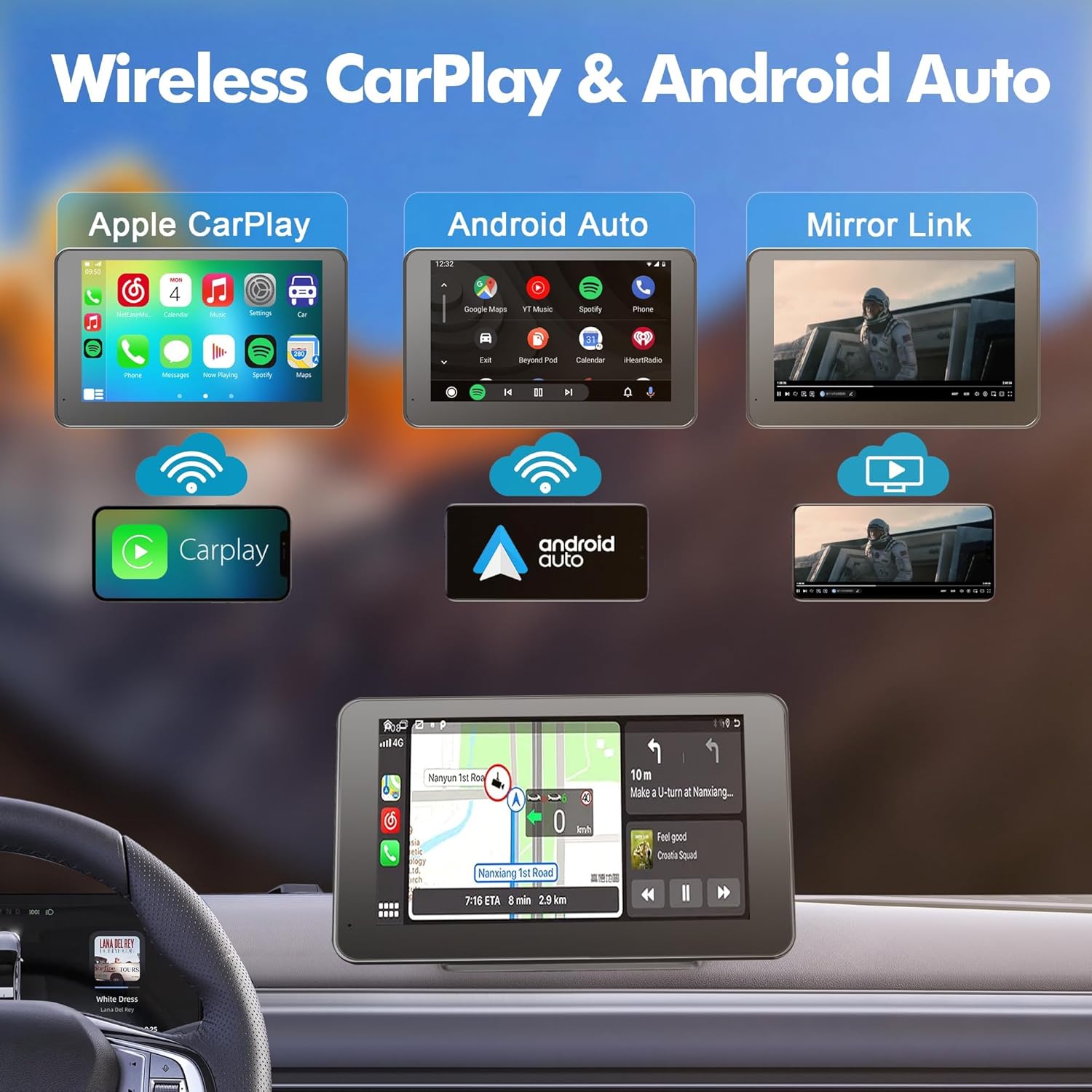 【Hieha】 2025 Wireless Portable Carplay and Android Auto, Carplay Screen for Car with Mirror Link/AUX/FM,7" Touchscreen Bluetooth 5.0, Marine Stereos for All Vehicles