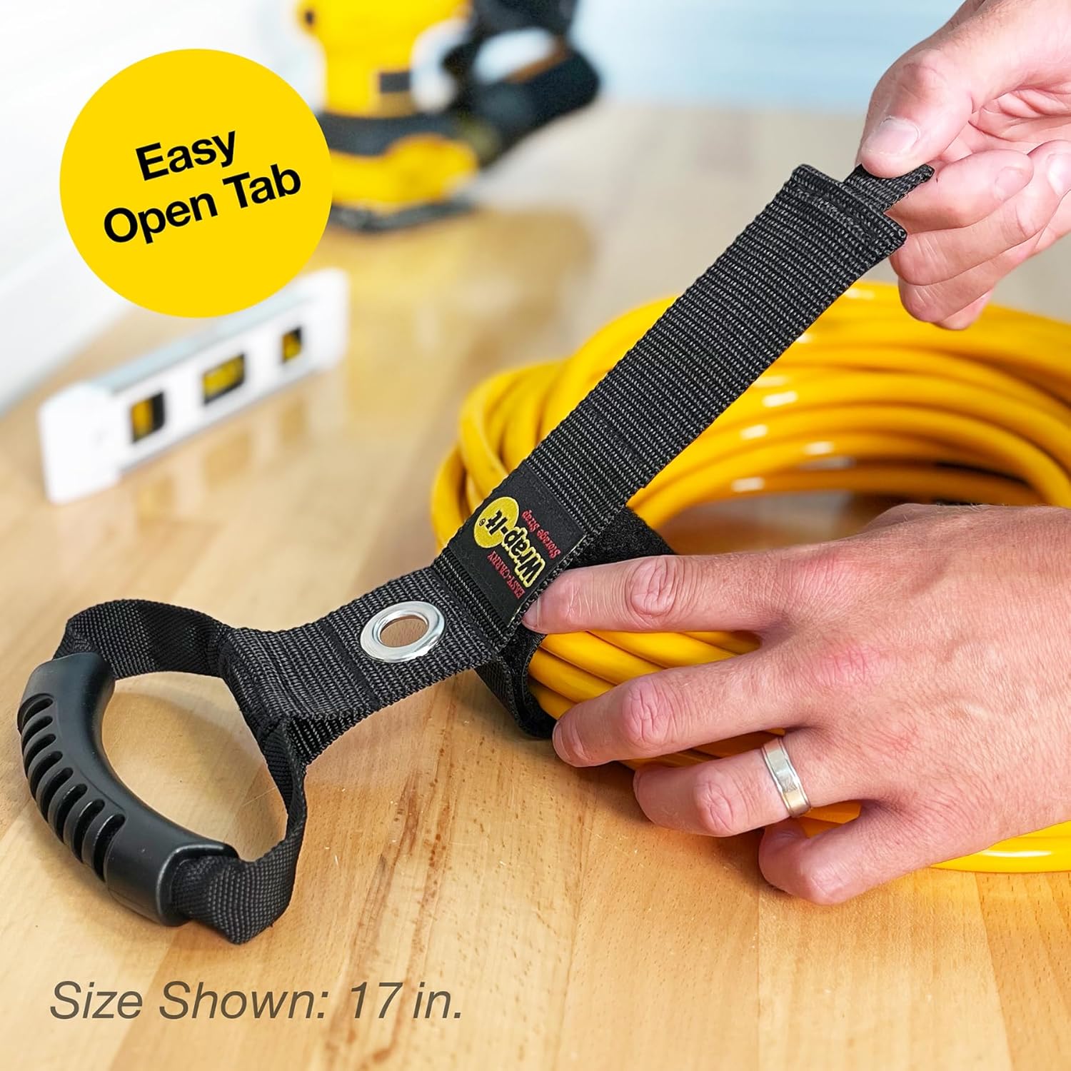 Easy-Carry Wrap-It Storage Straps - 17" (2-Pack) Black with Grommet - Extension Cord Organizer with a Handle for Cable and Hose Storage