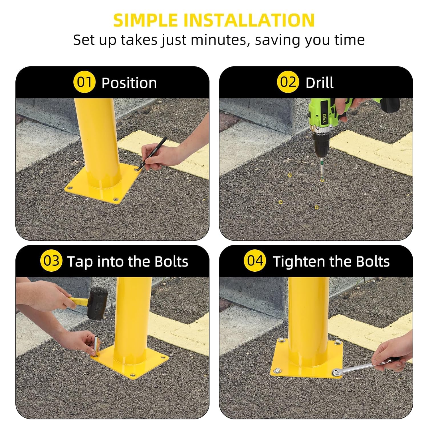 4-Pack Heavy Duty Safety Bollards, 48" Height, 4.5" Diameter Steel Pipe Bollard Post with 16 Anchor Bolts, High-Visibility Yellow Parking Bollard for Traffic Control, Warehouses, & Pedestrian Safety