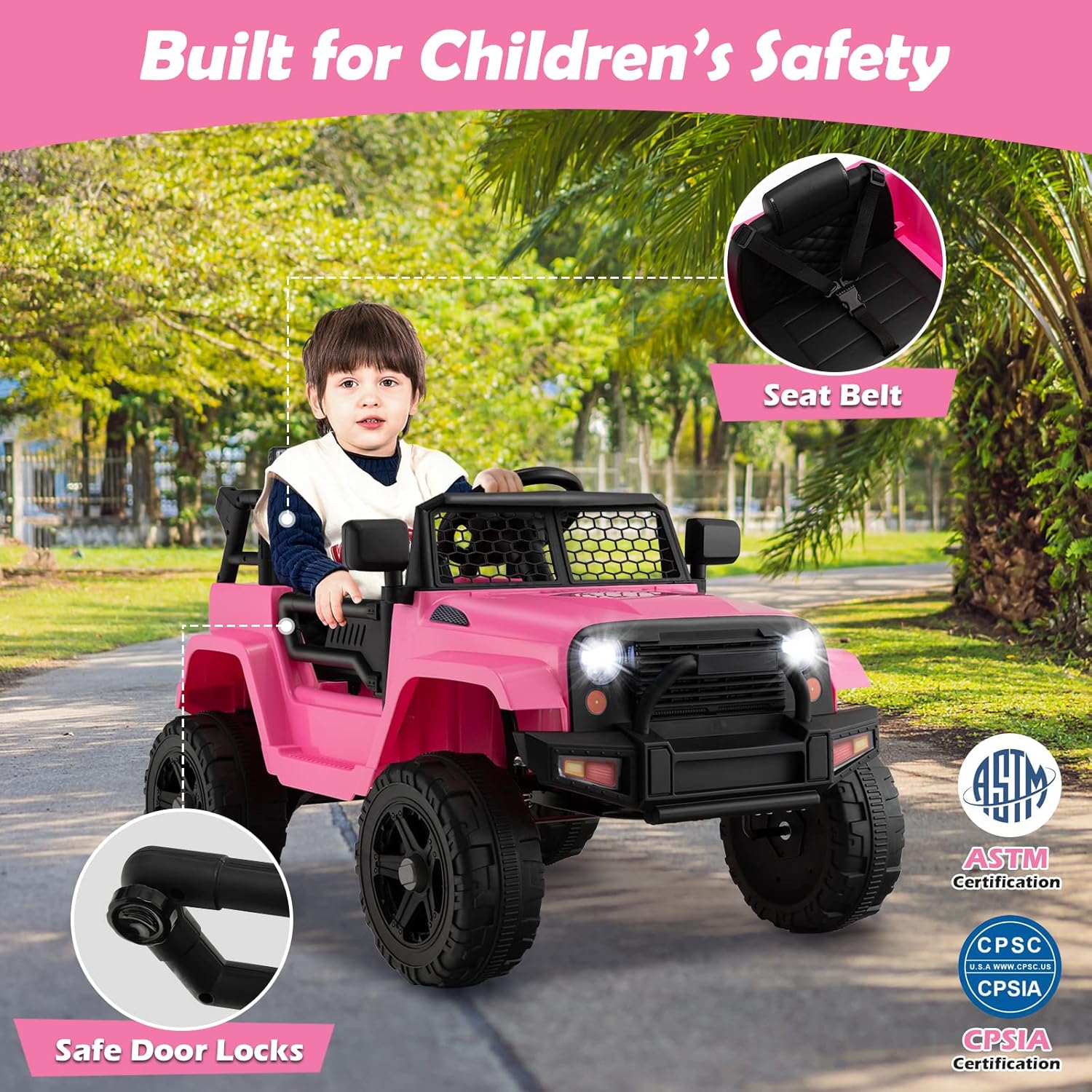 Costzon Ride on Car, 12V Battery Powered Truck Vehicle with Remote Control, Spring Suspension, Headlights, Music, Horn, MP3, USB & Aux Port, Gift for Boys Girls, Electric Car for Kids (Pink)