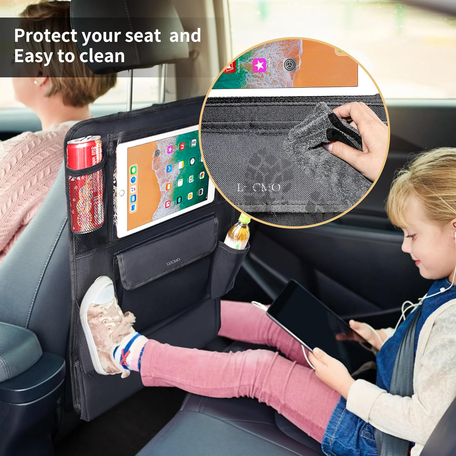 LUCMO Car Backseat Organizer with Touch Screen Tablet Holder,9 Storage Pockets Protectors Kick Mats Travel Accessories for Kids-Black