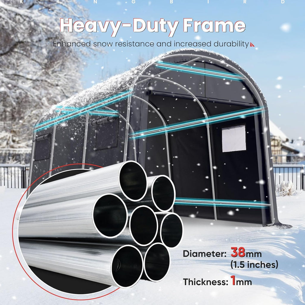 KING BIRD 10' x 15' Heavy Duty Round Style Carport with Roll-up Ventilated Windows Car Tent Carport Tent Outdoor Instant Garage Car Canopy with Reinforced Ground Bars