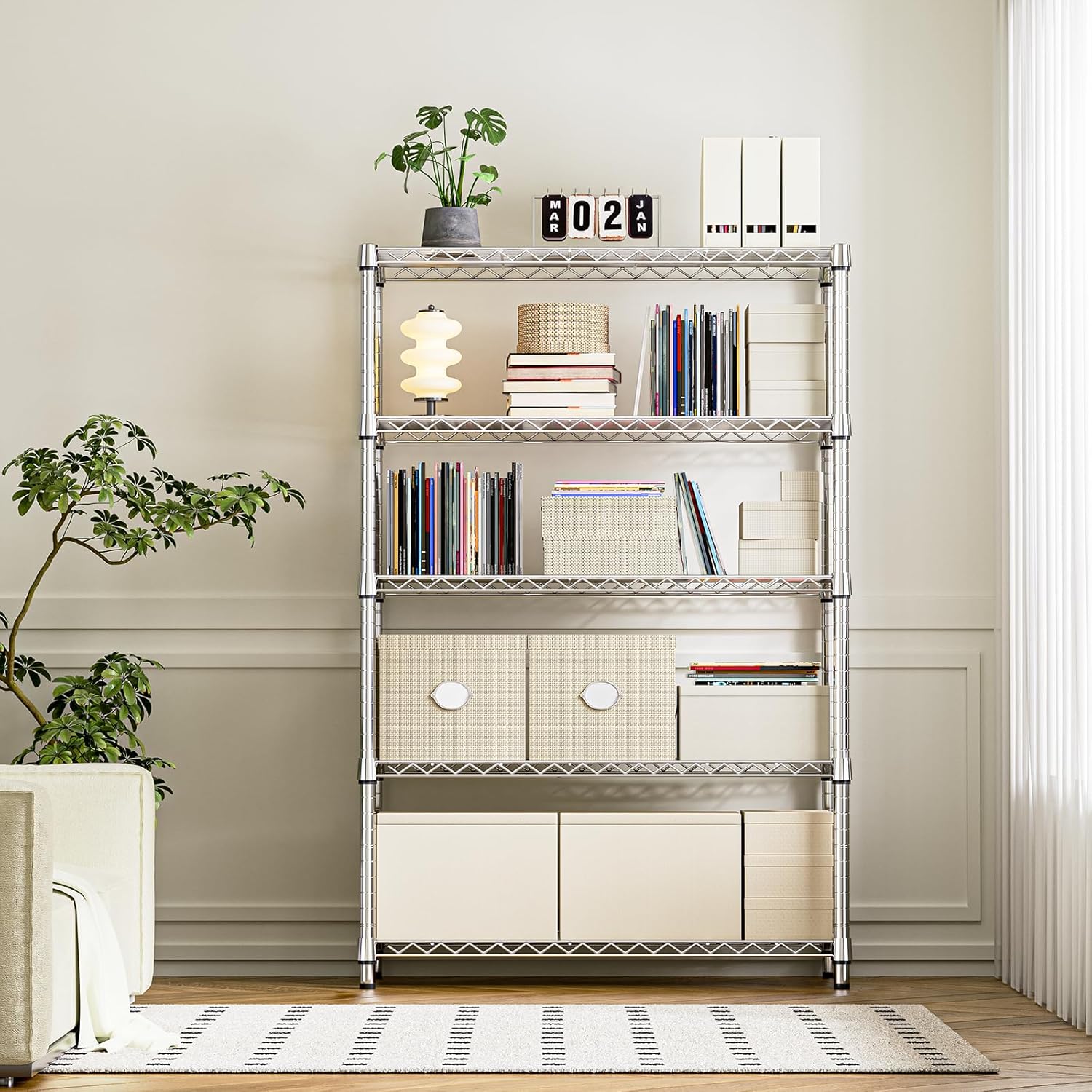 IZEUK 5-Tier Heavy Duty Metal Storage Shelving Unit (Chrome, 17.7" D x 47.2" W x 72.3" H, 1750 lbs Capacity), Adjustable Steel Wire Rack Shelf Organizer for Garage, Kitchen, Pantry, Basement, Laundry