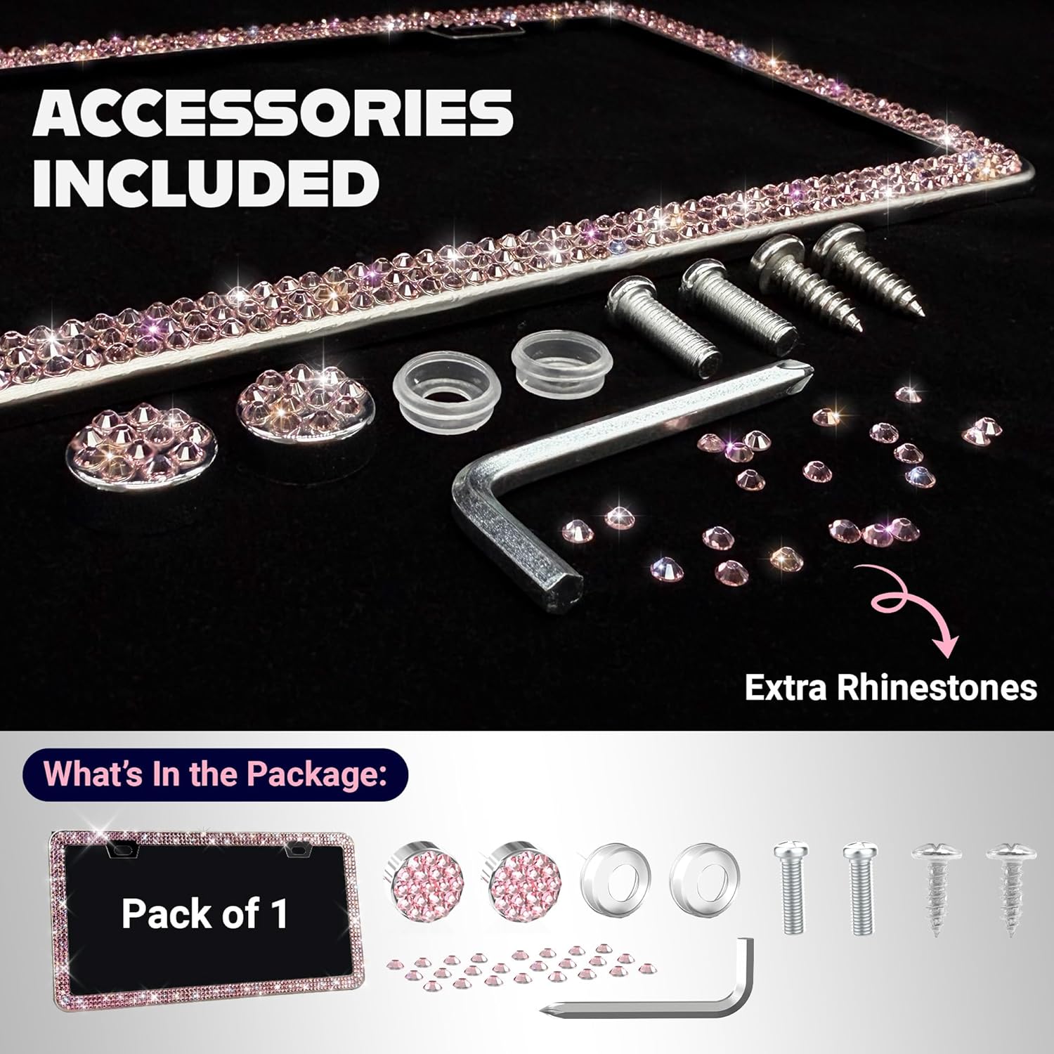 Glamorous Bling License Plate Frame for Women - 1 Pack, 800 Premium Pink Rhinestones, Rust-Free Stainless Steel, Street Legal Slim Design, Sparkly Diamond Car Tag Holder with Glitter Crystal Covers