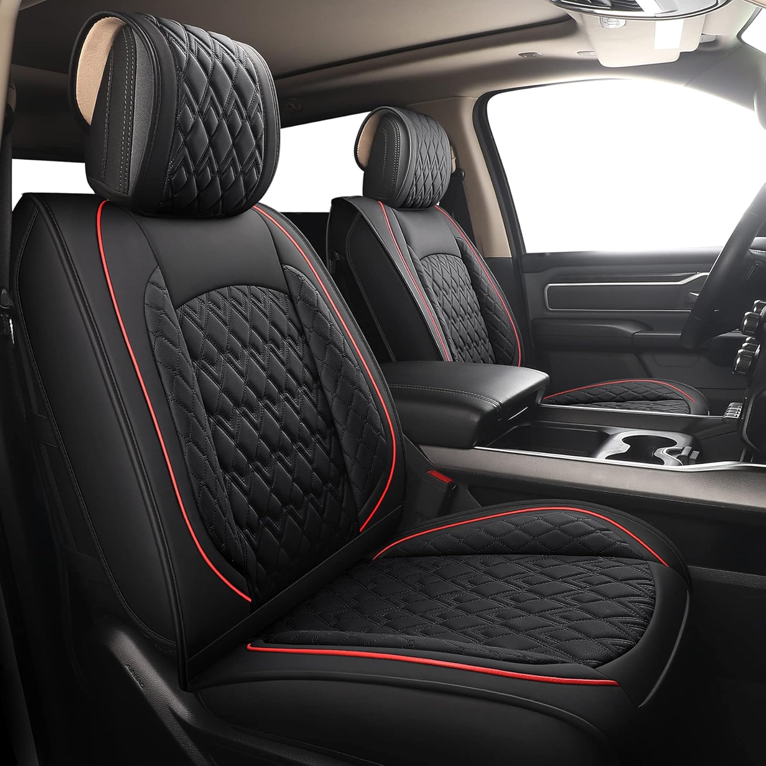 JOJOBAY Car Seat Covers for Dodge Ram Full Set,Fit Ram 2009-2025 1500/2500/3500 Pick-up Truck,Crew,Regular,Quad,Mega Cab,Waterproof Leather Seat Covers Protectors（5 PCS Full Set,Black/Red）