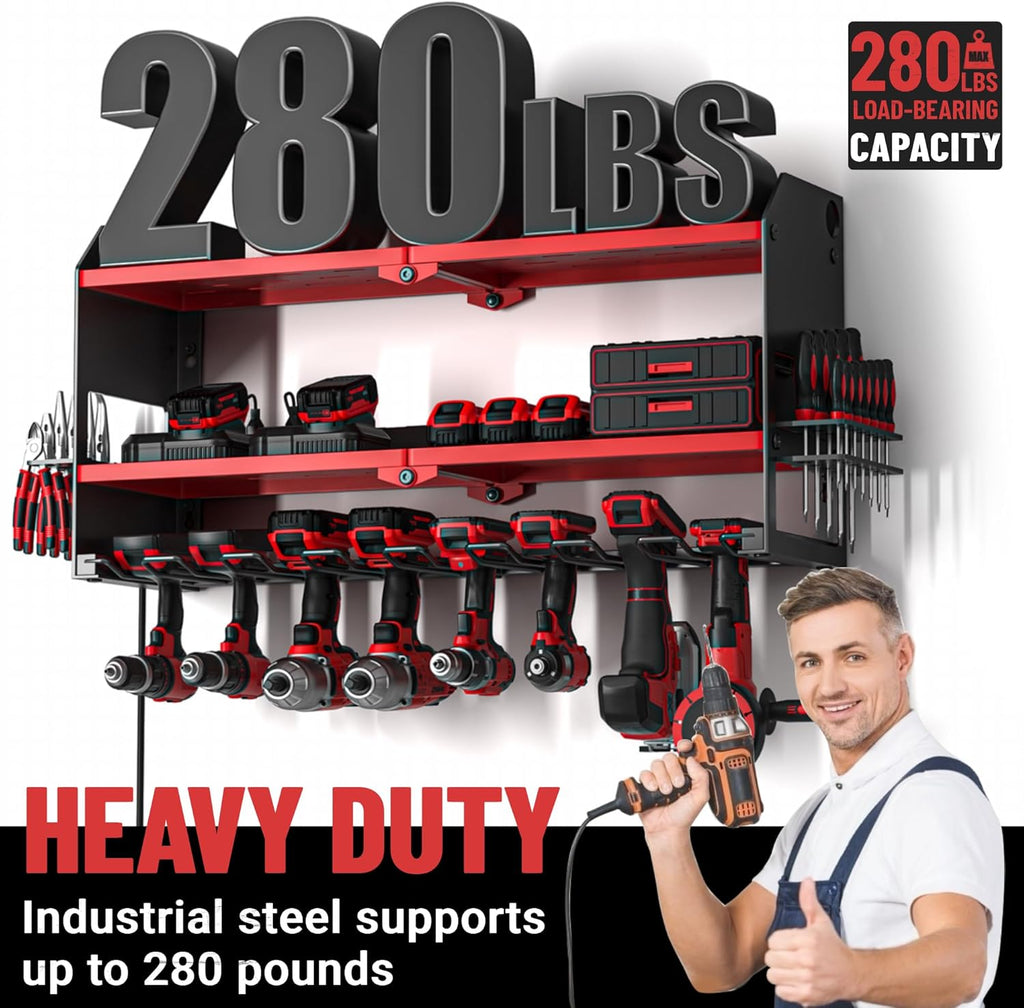 YYR Power Tool Organizer with Charging Station Wall Mount, Cordless Drill and Battery Holder for Garage Organization, Electric Tools Storage Rack Build in Surge Protection Power Strip - Red Shelf