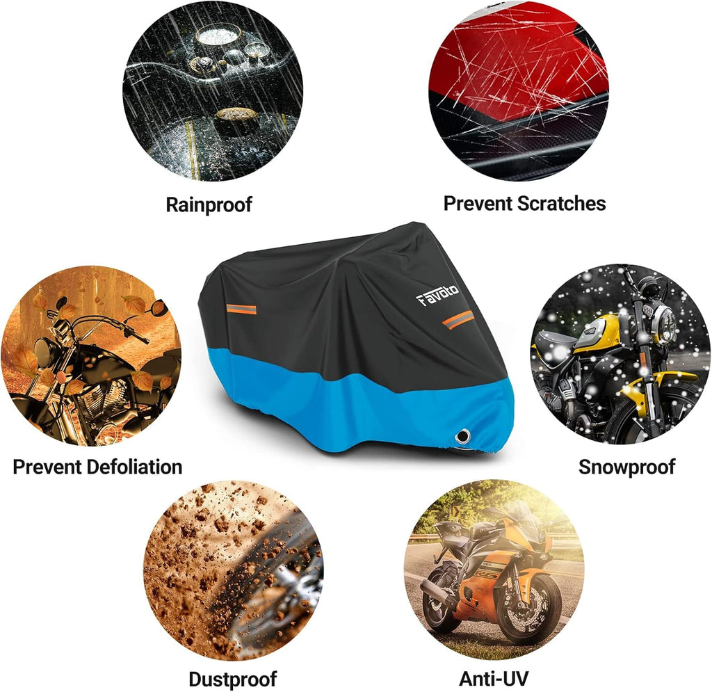 Favoto Motorcycle Cover Waterproof Outdoor - Universal Fit Motorbike Cover with 3 Night Reflectors Lock-Hole Carrying Bag Windproof Dustproof Rain Sun Protection (116 inch Length)
