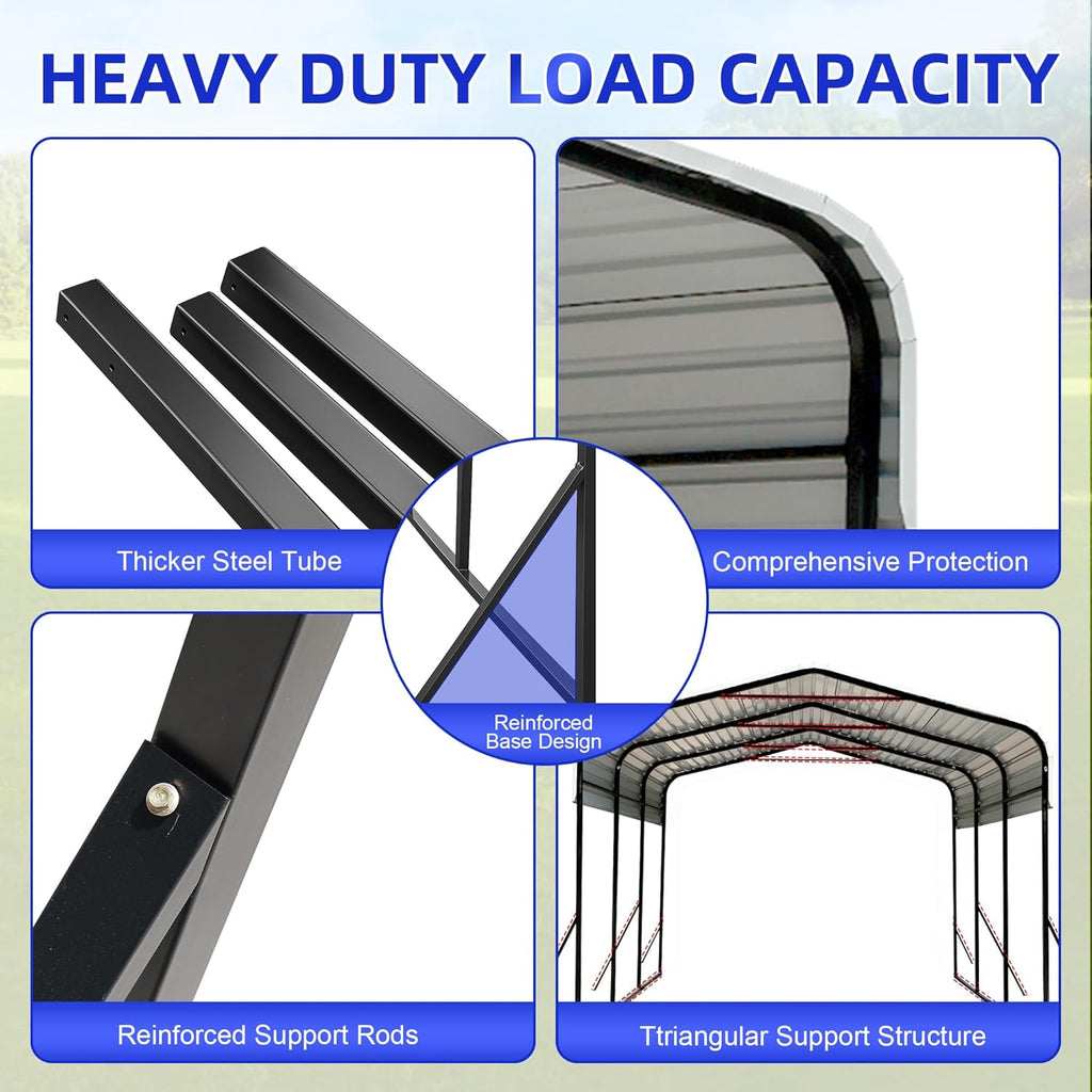 10x15 Metal Carport with Base Fixings Heavy Duty Garage Outdoor Chrome Plated Frame and Sheet Metal Construction Suitable for Boats, Cars, Tractors and Agricultural Equipment, Dark Gray