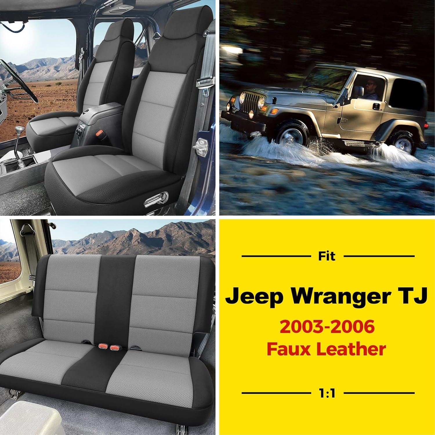 GIANT PANDA Full Set Car Seat Covers Customized Jeep Wrangler TJ Rubicon Sahara Sport X Unlimited 2003 2004 2005 2006, Faux Leather (Black&Gray)