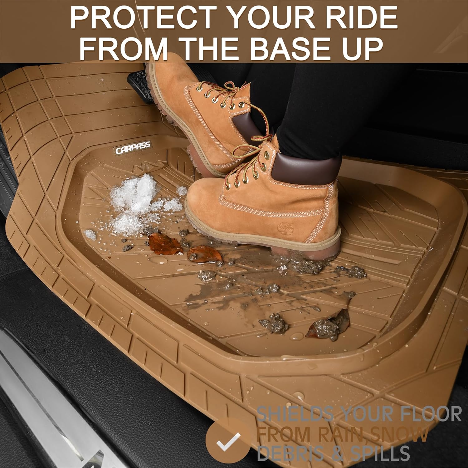 CAR PASS Tire Tread DeepDish Rubber Floor Mats for car Heavy Duty car mats All Weather, Universal XL~M Trim to Fit for Truck SUV Vehicle Automotive, Waterproof car mats 3 Piece Solid Beige