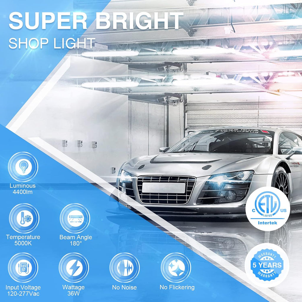 Ensenior 10 Pack Linkable Led Shop Light 4ft for Garage, 4400 High Lumens, 36W Equivalent 280W, 5000K Daylight, 48 Inch Utility shop led lights, Surface or Hanging Mount Fixtures, Black, ETL Certified