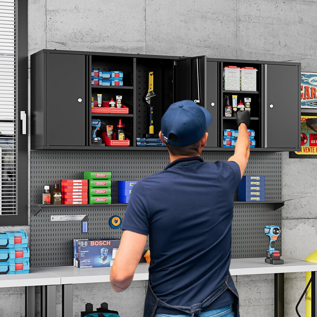 Metal Wall Cabinets for Storage with Locking Doors Adjustable Shelf Pegboard and Hooks, Metal Garage Wall Cabinet, Floating Upper Storage Cabinet