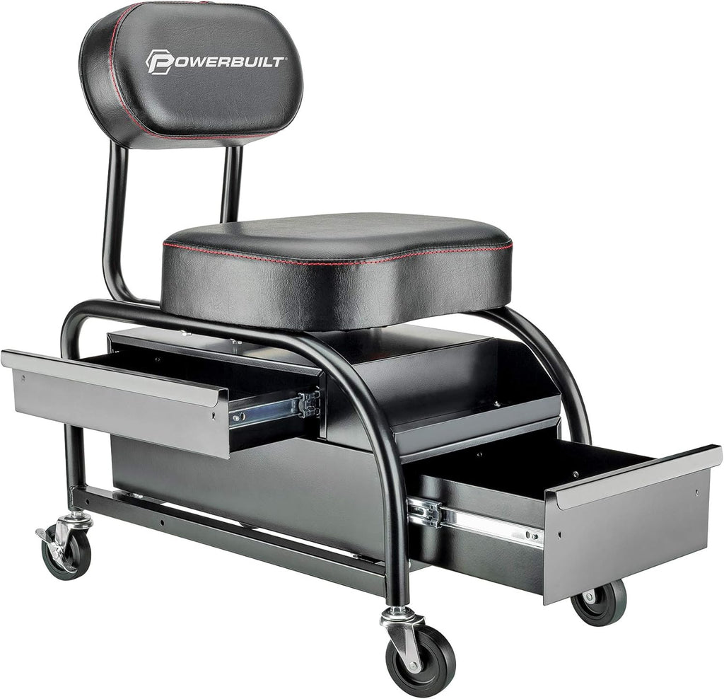 Powerbuilt Professional Car Detailers Mechanics Roller Seat, Heavy Duty Garage Stool with Thick Padded Seat and Backrest, 2 Sliding Storage Drawers, Tool Tray, Can Holders, 3in. Swivel Casters–240299