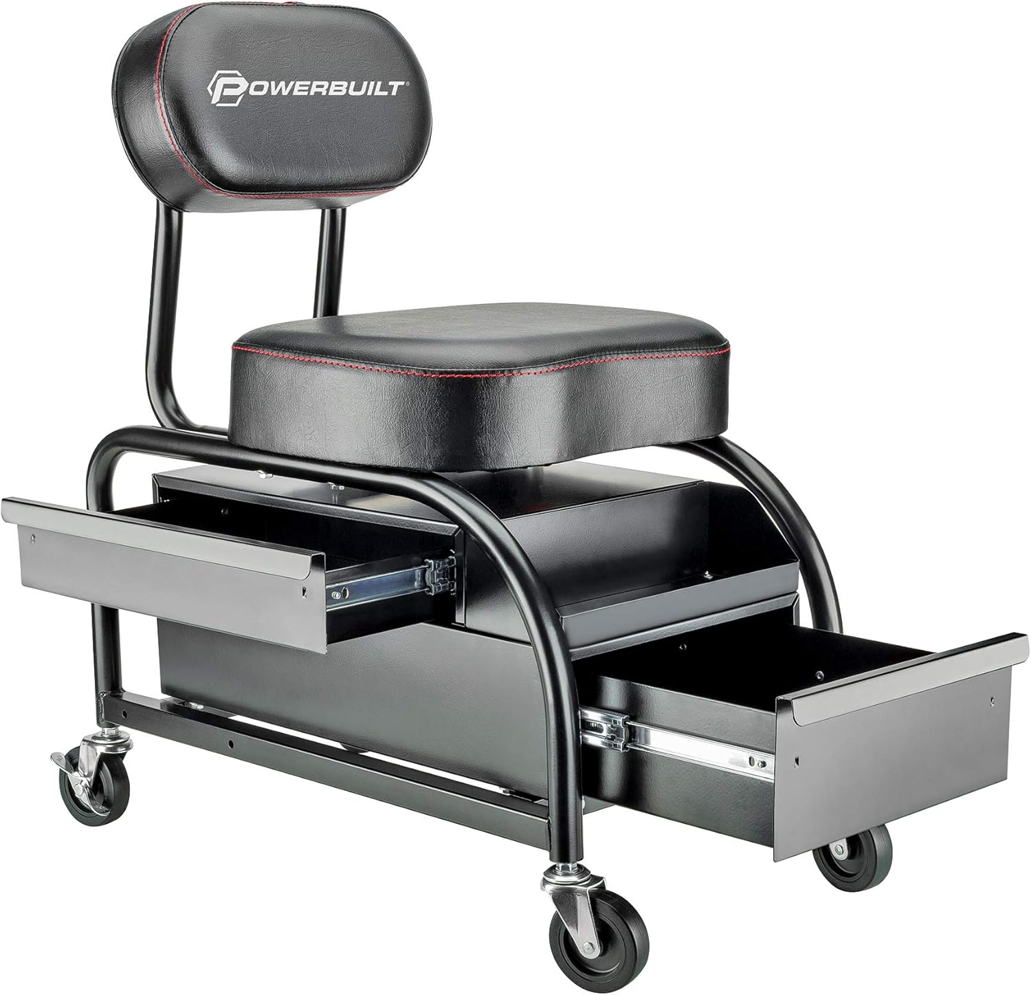 Powerbuilt Professional Car Detailers Mechanics Roller Seat, Heavy Duty Garage Stool with Thick Padded Seat and Backrest, 2 Sliding Storage Drawers, Tool Tray, Can Holders, 3in. Swivel Casters–240299