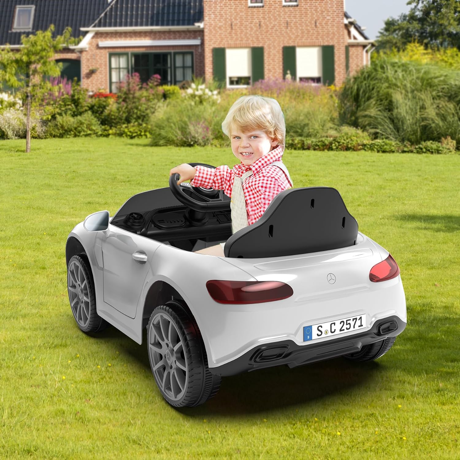 12V Kids Ride On Car with 2.4G Remote Control,Battery Powered Electric Car Ride On Vehicle Double Doors, 5 Point Safety Belt,LED Light (SC-White)