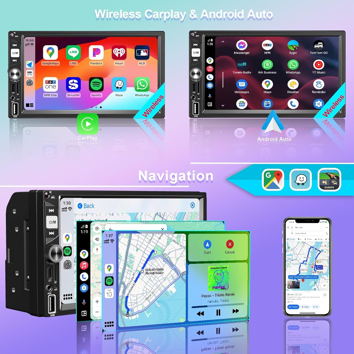 7” Wireless Apple CarPlay Double Din Car Stereo,FM Car Radio,Bluetooth 5.2,IPS Touchscreen 1024 * 600, Backup Camera,EQ Audio,Dual USB+Type-c Charging,Subwoord,Android Auto,Navigation,CarPlay MP5