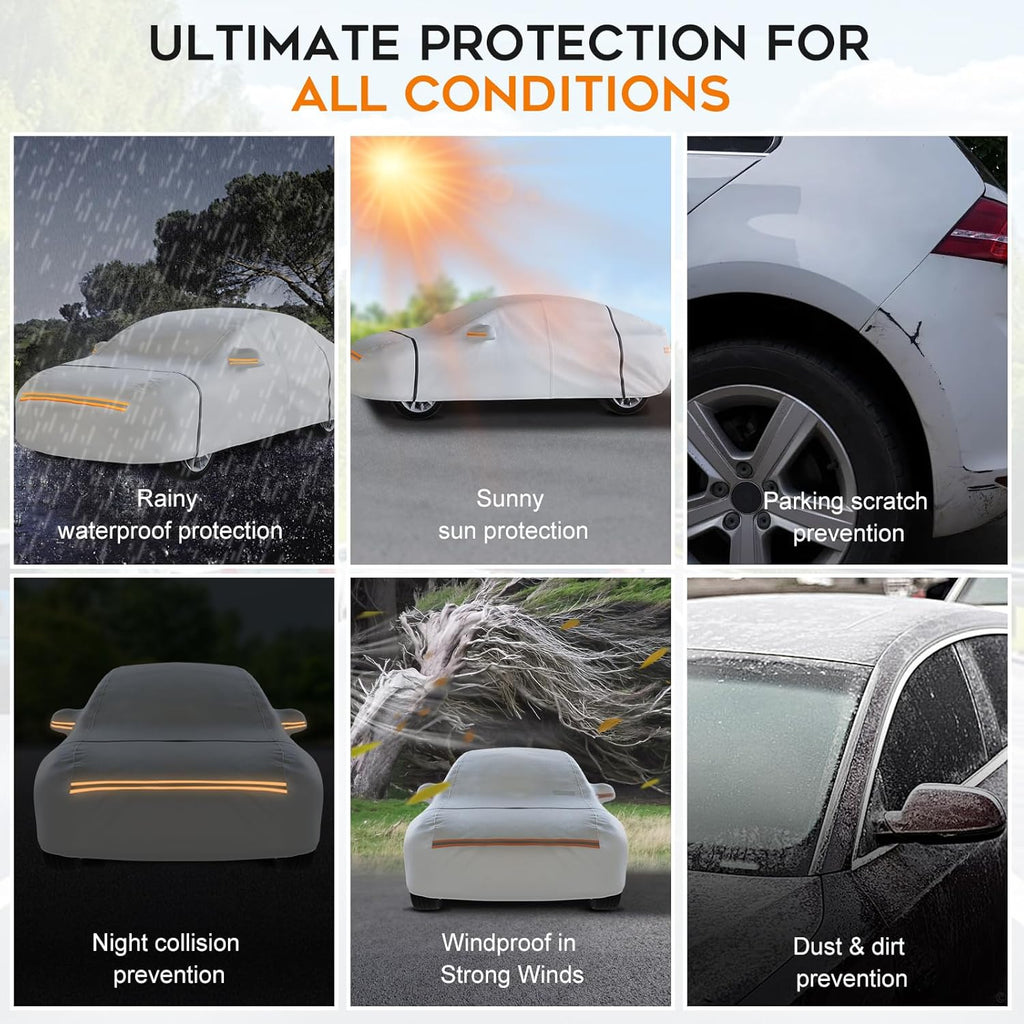 Waterproof Hatchback Car Cover: 6-Layer Protection from Rain, Snow, UV & Dust - Universal Fit up to 189 inches with Zipper Door & Windproof Straps for Outdoor, Garage, Travel Use,Silver