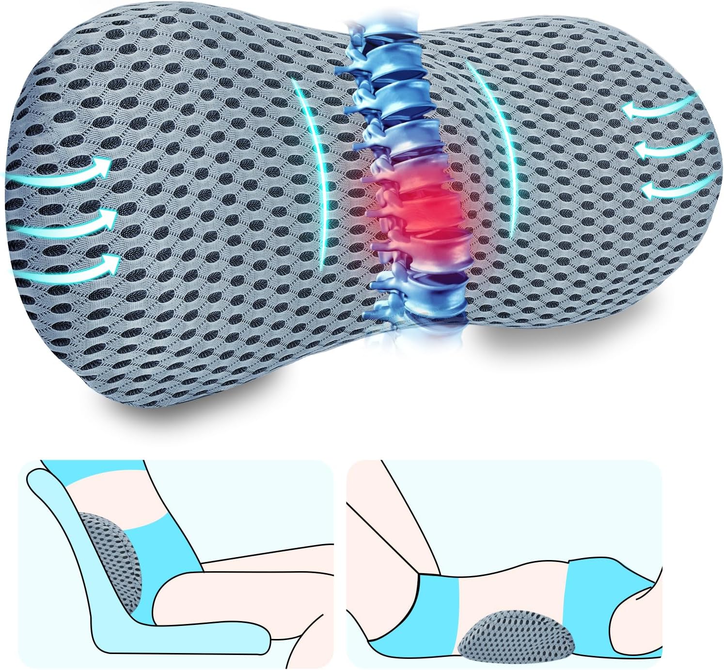 Lumbar Support Pillow, Memory Foam Back Support Pillow for Office Chair, Car Seat, Gaming Chair, Recliner and Bed, Neo Cushion for Low Back Pain Relief (Mesh, Gray)