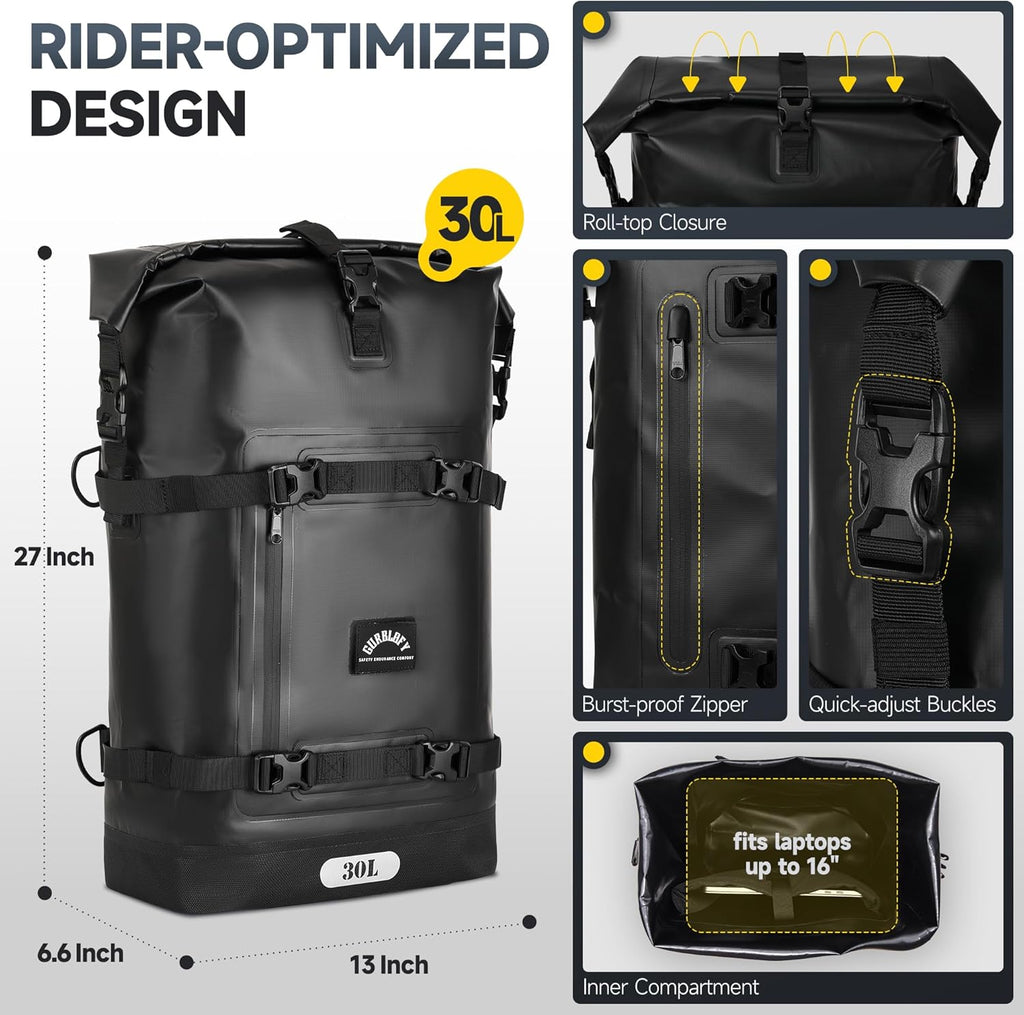 Motorcycle Tail Bag, 30L Waterproof Saddle Bag, 2 Size and 3 Color Options Motorcycle Travel Bag, PVC Luggage Bag, Rear Seat Bag, Classic Black GT-30BL