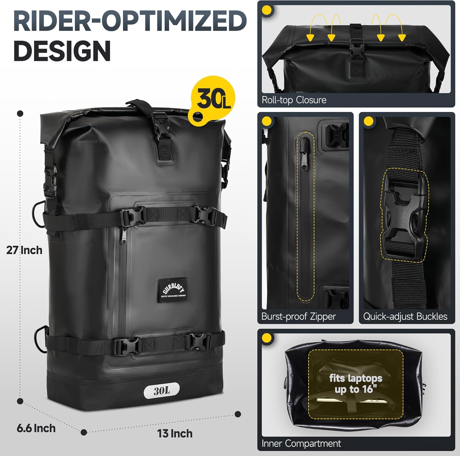 Motorcycle Tail Bag, 30L Waterproof Saddle Bag, 2 Size and 3 Color Options Motorcycle Travel Bag, PVC Luggage Bag, Rear Seat Bag, Classic Black GT-30BL