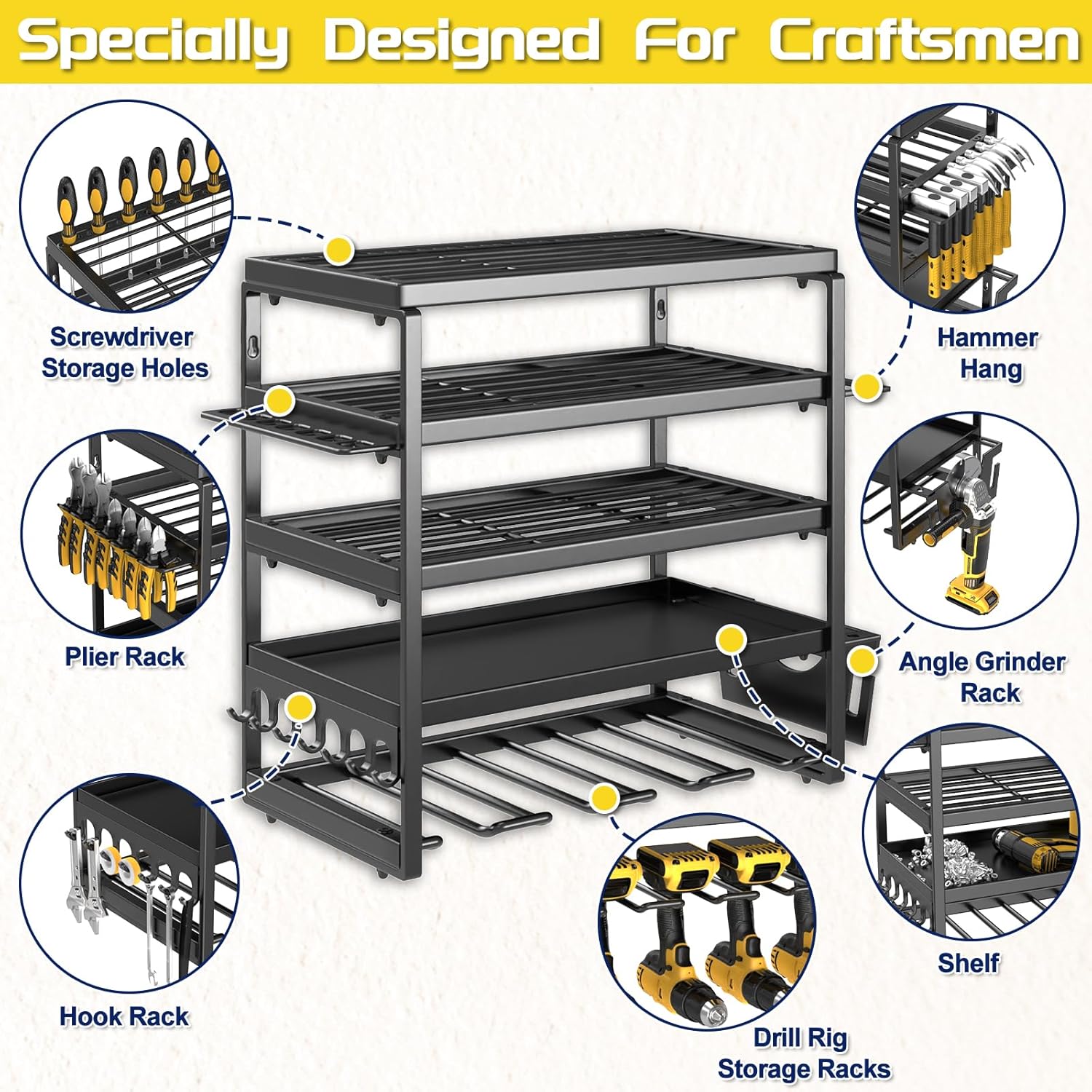 Power Tool Organizer, 5 Layer Drill Holders Wall Mount, Heavy Duty Metal Organizers and Storage Rack for Garage Organization, Tools Shelves with Screwdriver Plier Hammer Holder, Black