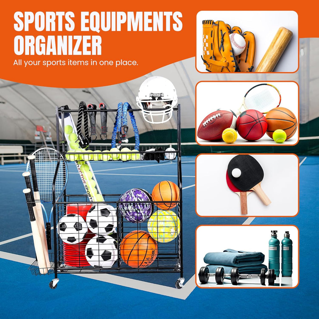 Sports Equipment Organizer - 29.6" W x 42.7" H - Rolling Garage Ball Storage Rack - Golf Bag Storage Stand & Other Sports Equipment & Toys - Indoor/Outdoor Stand - Removable Basket