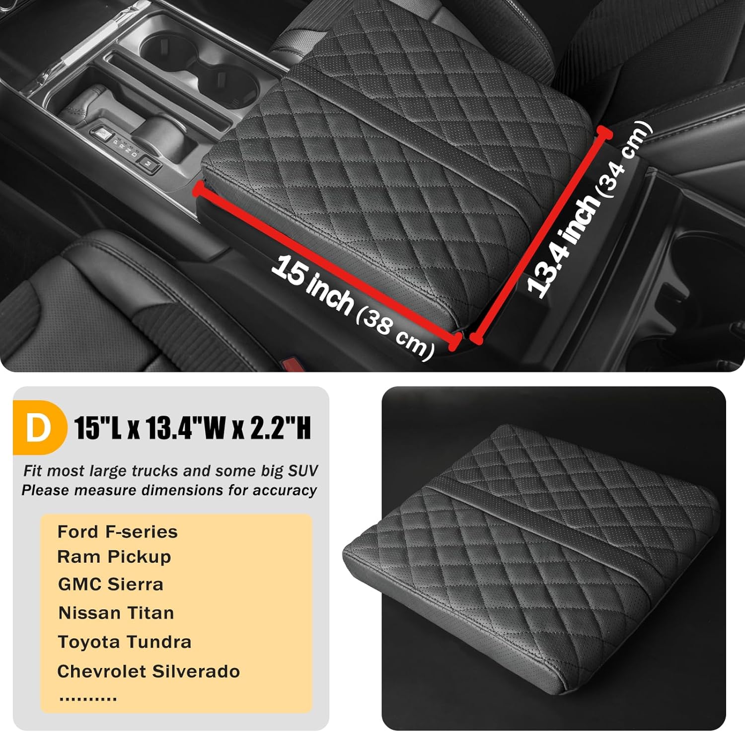 Car Center Console Cover pad Genuine Cowhide Leather,Black Armrest Box mat, Full size SUV truck arm rest Cushion Protector,true cow Leather,f150 sierra titan silverdo tundra(sizeD 15x13.4x2.2)