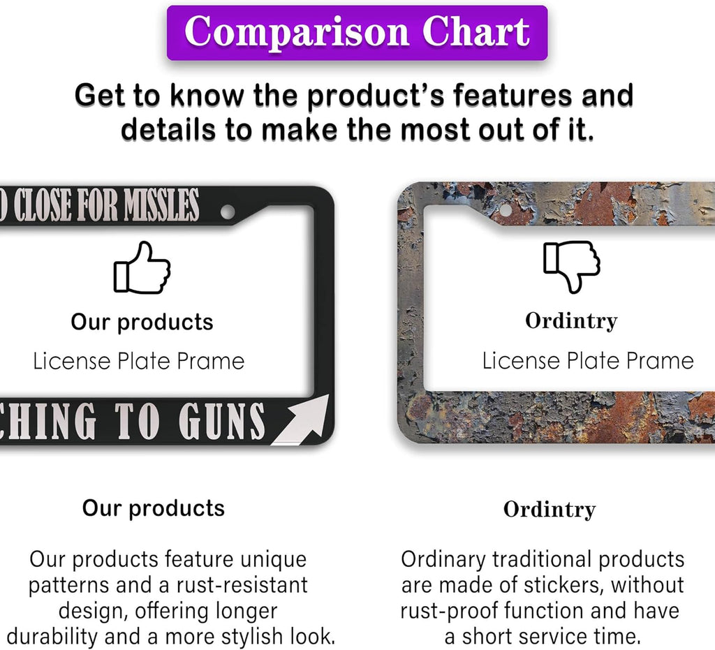 License Plate Frames Black and White License Plate Cover Too Close Missiles Switching to Guns Aluminum Metal Car Accessory 2 Pack with Screw Covers Set