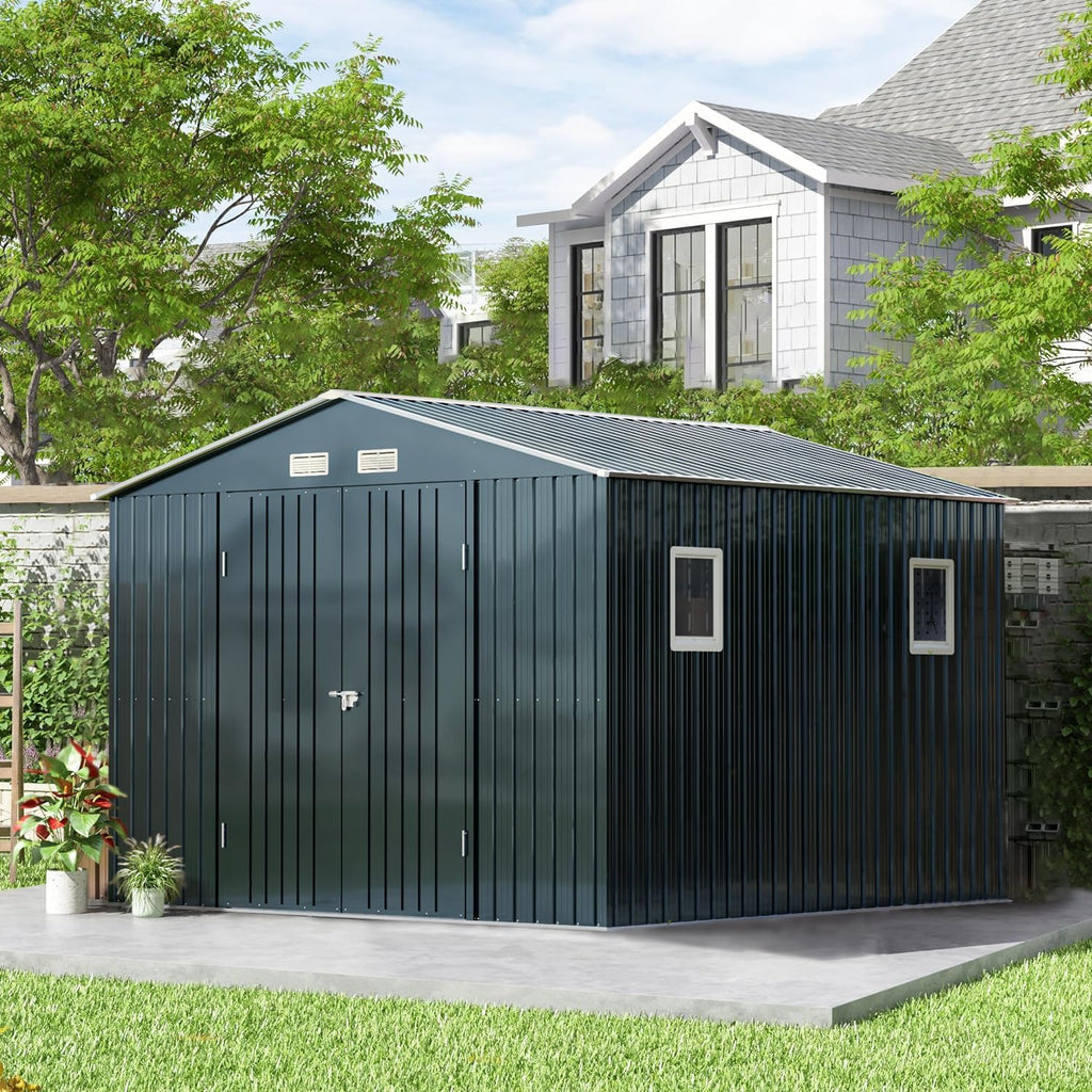 Breezz Outdoor Storage Shed 10 x 10 ft. Utility Tool Shed Metal Storage Garden Shed with Lockable Doors, Windows & Metal Frame Floor for Patio Storage,Nightblue