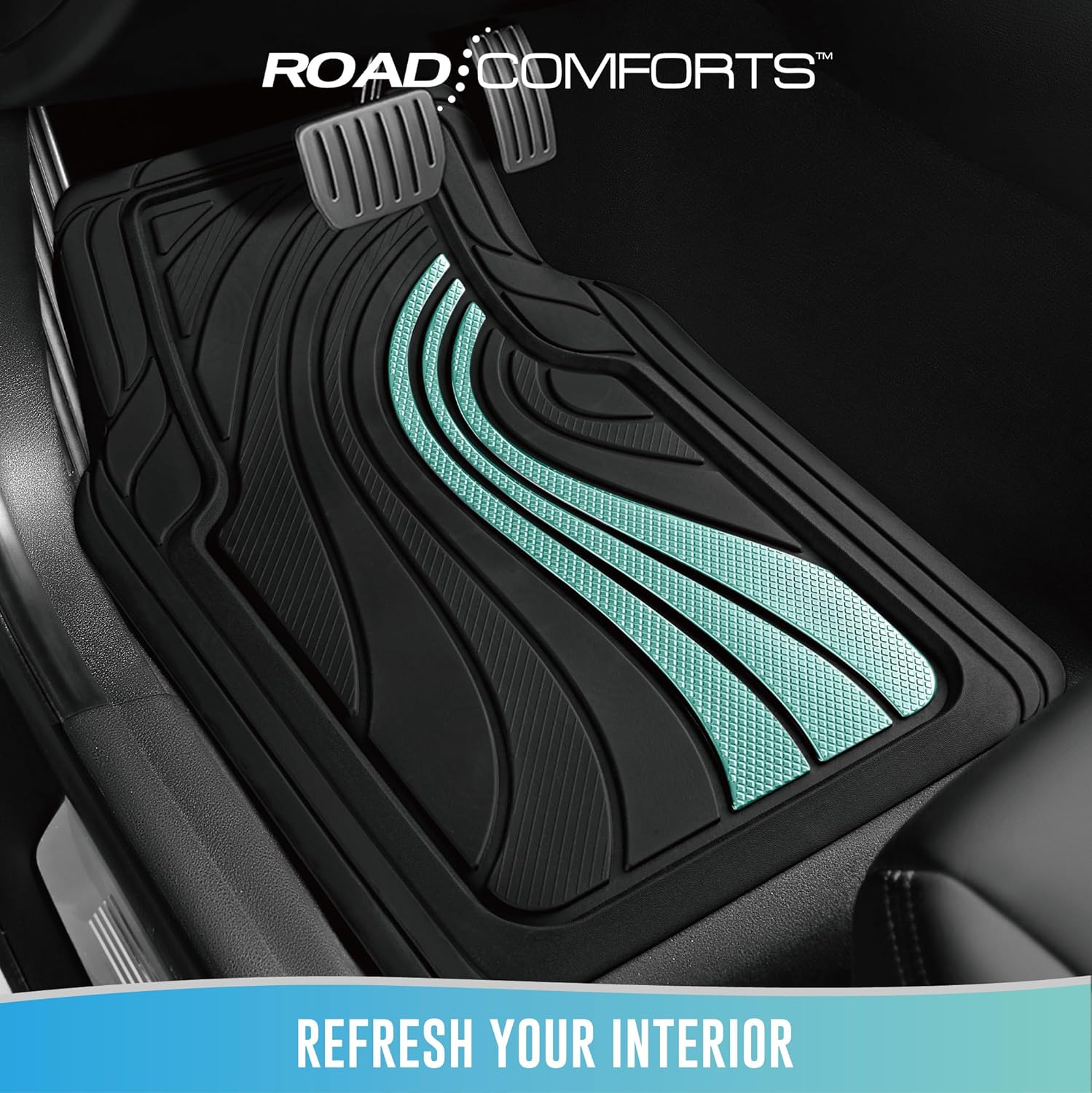 Road Comforts Car Floor Mats Full Set – Front & Rear Car Floor Mats with Aluminum Design, Anti-Slip Backing, All-Weather Protection, Trim-to-Fit Car Mats for Most Sedans, SUVs & Vans - Green