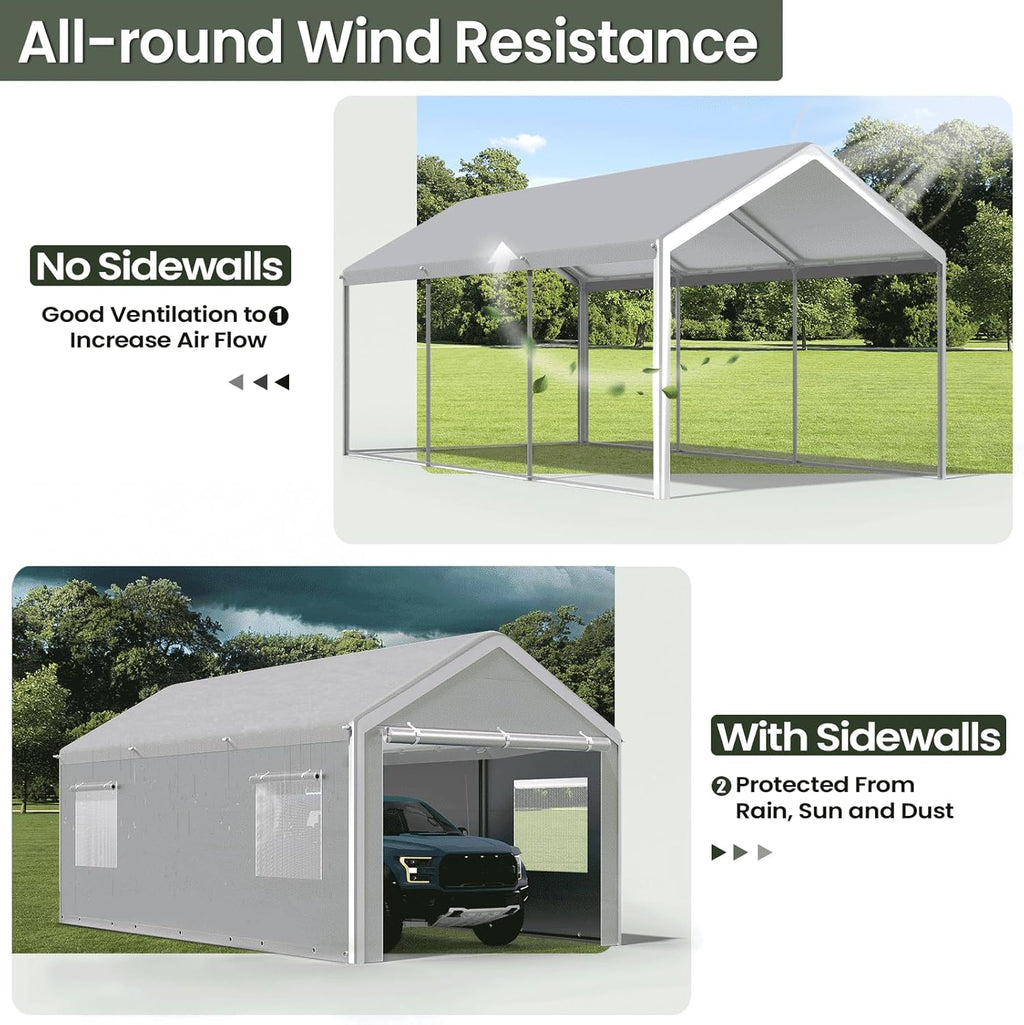 Carport 10x20 Ft, Heavy Duty Car Canopy with Reinforced Ground Bar, Portable Garage with Roll-up Windows and Removable Sidewalls, Galvanized Car Shelter, Large Outdoor Storage Shed (Grey)