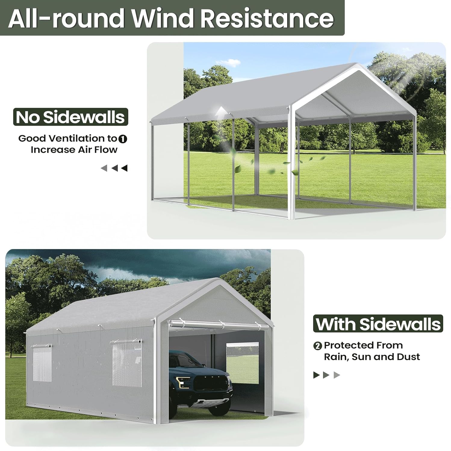 Carport 10x20 Ft, Heavy Duty Car Canopy with Reinforced Ground Bar, Portable Garage with Roll-up Windows and Removable Sidewalls, Galvanized Car Shelter, Large Outdoor Storage Shed (Grey)