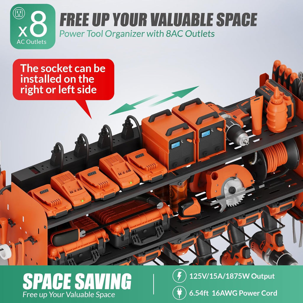 Suchtale Power Tool Organizer with Charging Station,33.2''Garage 8 Drill Holders Wall Mount,3 Layers Heavy Duty Metal Tool Shelf with 8 Outlets Power Strip, Gift for Men, Father, Orange