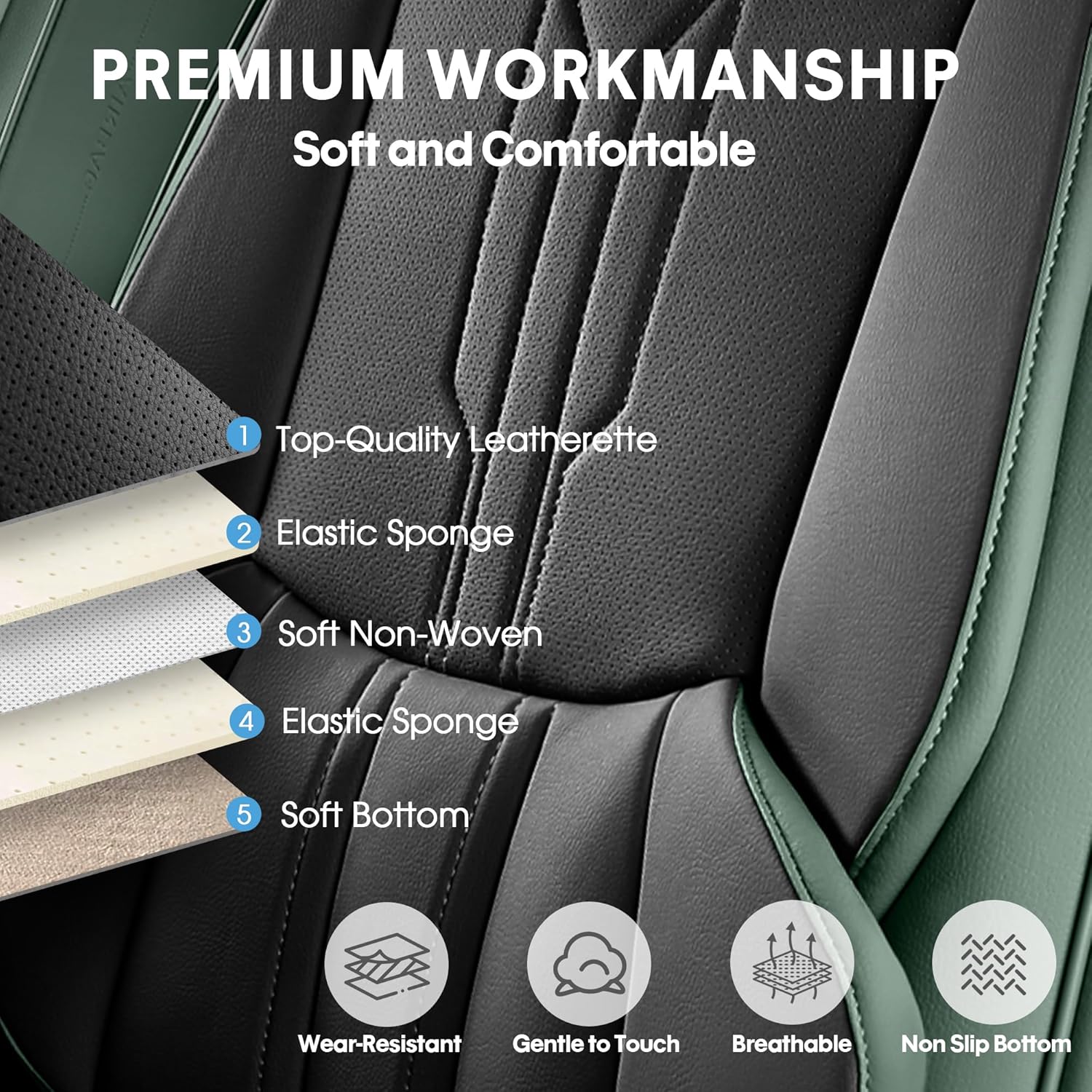 AOOG Front Seat Covers, Car Seat Covers Front Seats, Leather Seat Covers for Cars, Waterproof Seat Covers with Lumbar Support Universal Fit for Most Cars SUV Trucks(Front Pair, Green&Black)