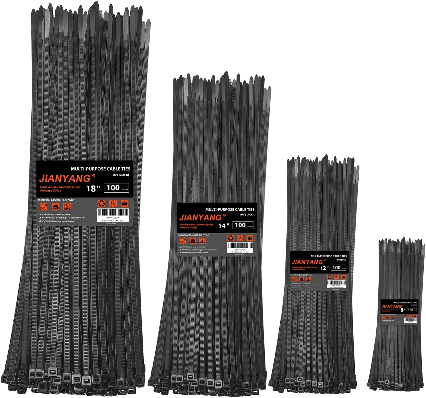 Zip Ties Assorted Size,8+12+14+18 Inch Double Sided Toothed,100 LBS Tensile Strength Heavy Duty Cable Wire Ties With Self-Locking Adjustable More Durable Nylon Tie Wraps for Indoor Outdoor（400 Pack）