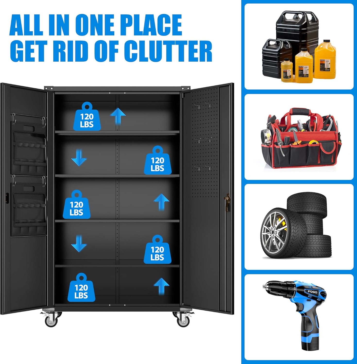 2025 Upgraded Wide & Deep Garage Storage Cabinet with Wheels, Lockable Metal Storage Cabinet with Pegboards and 9 Hooks, 2 Tool Pouches for Garage,4 Adjustable Shelves (Black,43''W x 22''D x 72''H)