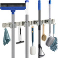 Wall Mounted Broom and Mop Organizer, Heavy Duty Stainless Steel Storage Rack for Brooms, Mops, Tools Space Saving Home Garage Organization (4 Racks with 5 Hooks)