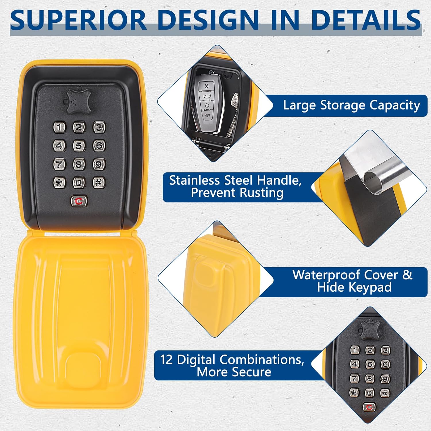 Car Window Punch Button Lock Box, Yellow Portable Car Key Lock Box with Key Labeling Tag, Sturdy Waterproof Large Capacity Lock Box for Turo, Ride Share, GetAround