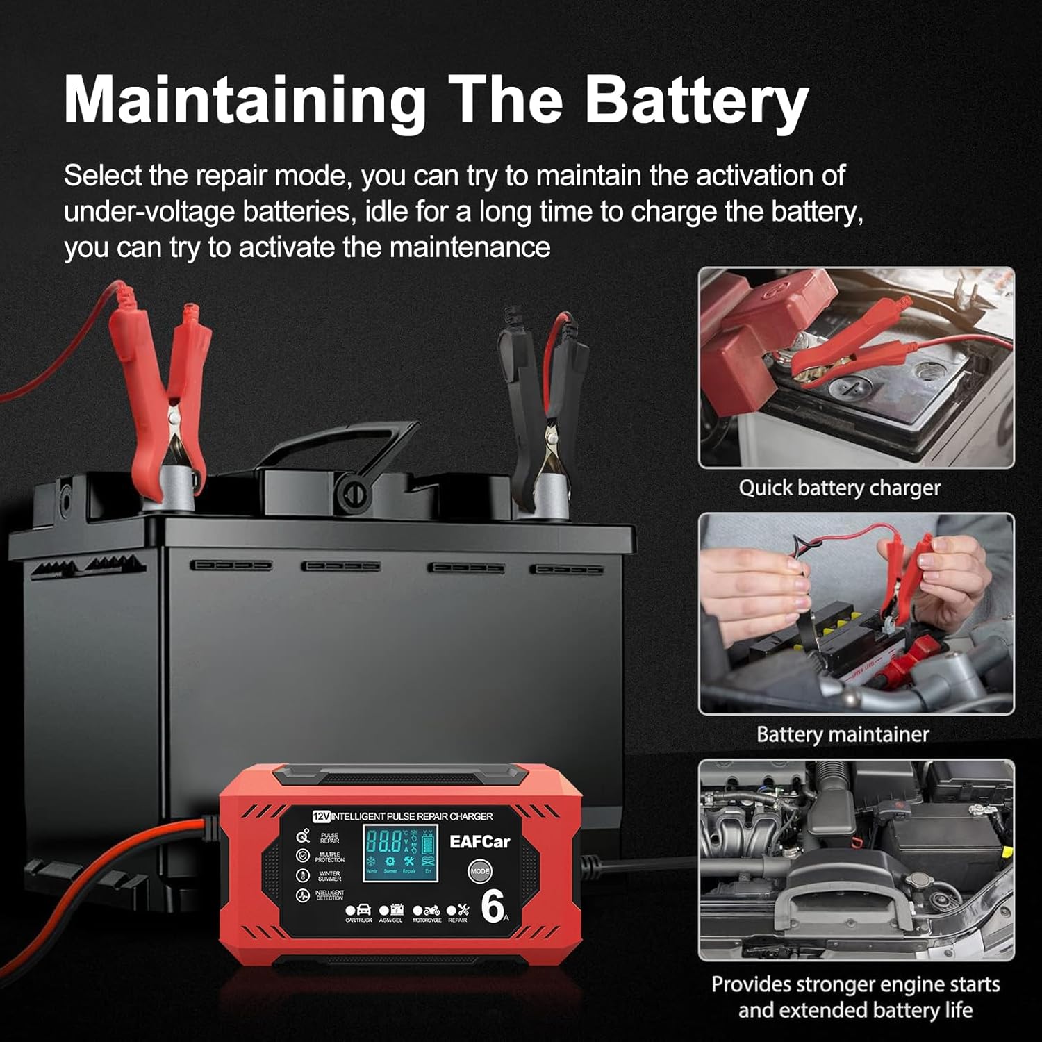 6-Amp Battery Charger, 12V Trickle Charger Car Battery Charger, Smart Automatic Lead Acid Charging with Temperature Compensation for Car Truck Lawn Mower Boat Marine(6A)