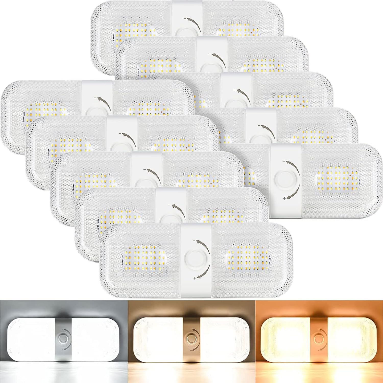 Retisee 10 Pcs RV Lights Interior 1700LM, 3 Color 12V RV LED Dome Lights Ceiling Double Lights Fixture with ON/Off for Camper/Car/Trailer/Boat, 2700-6700K
