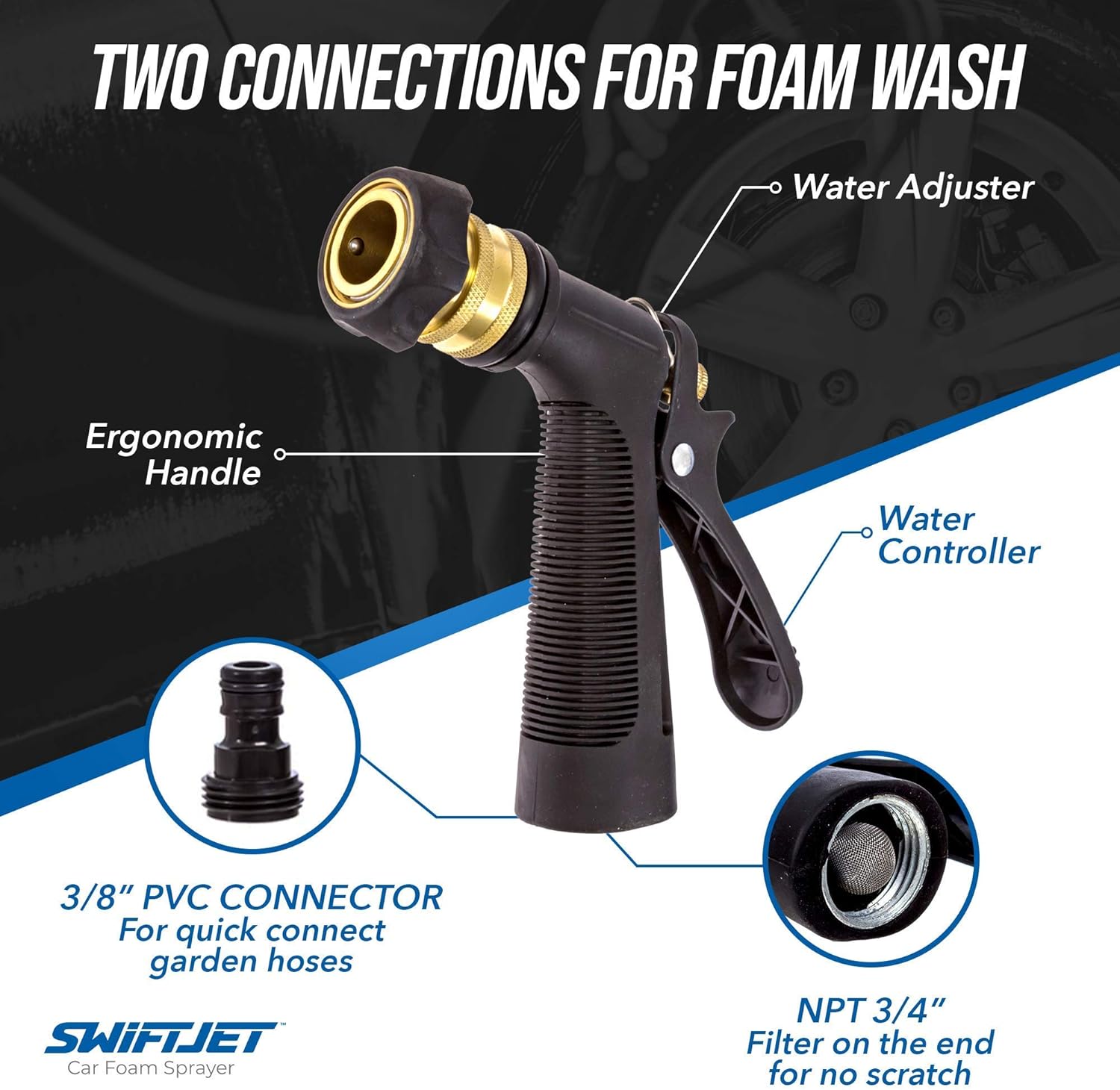 SwiftJet Car Wash Foam Gun + Microfiber Wash Mitt - Car Foam Sprayer - Car Wash Kit - Foam Cannon Garden Hose Sprayer - - Car Accessories for Men - Snow Foam Blaster (Orange Foam Gun with Mitt)