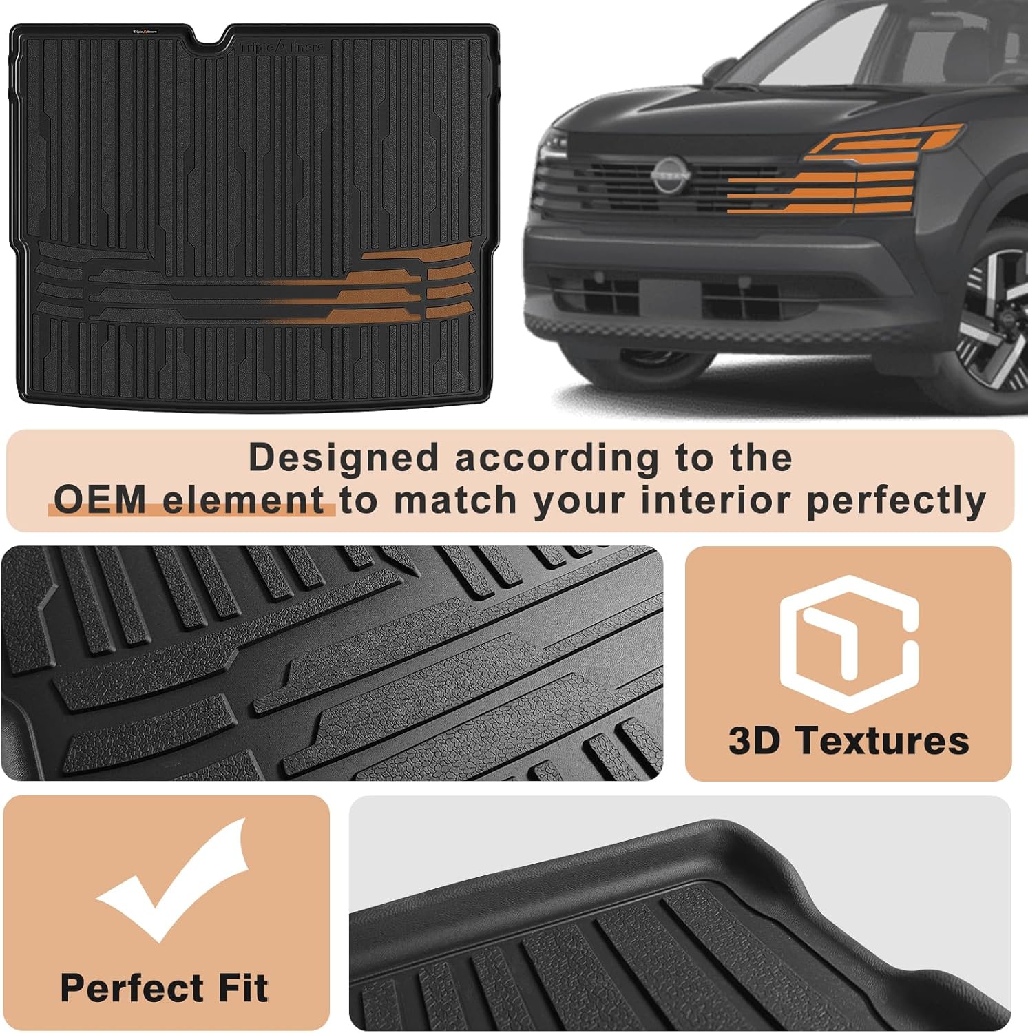 TripleAliners Trunk Mat All Weather Liners Compatible with 2025 Nissan Kicks Interior Accessories Custom Fit Anti-Slip TPE Full Coverage Protection Rear Trunk Floor Mat (SV SR Trim Level ONLY)