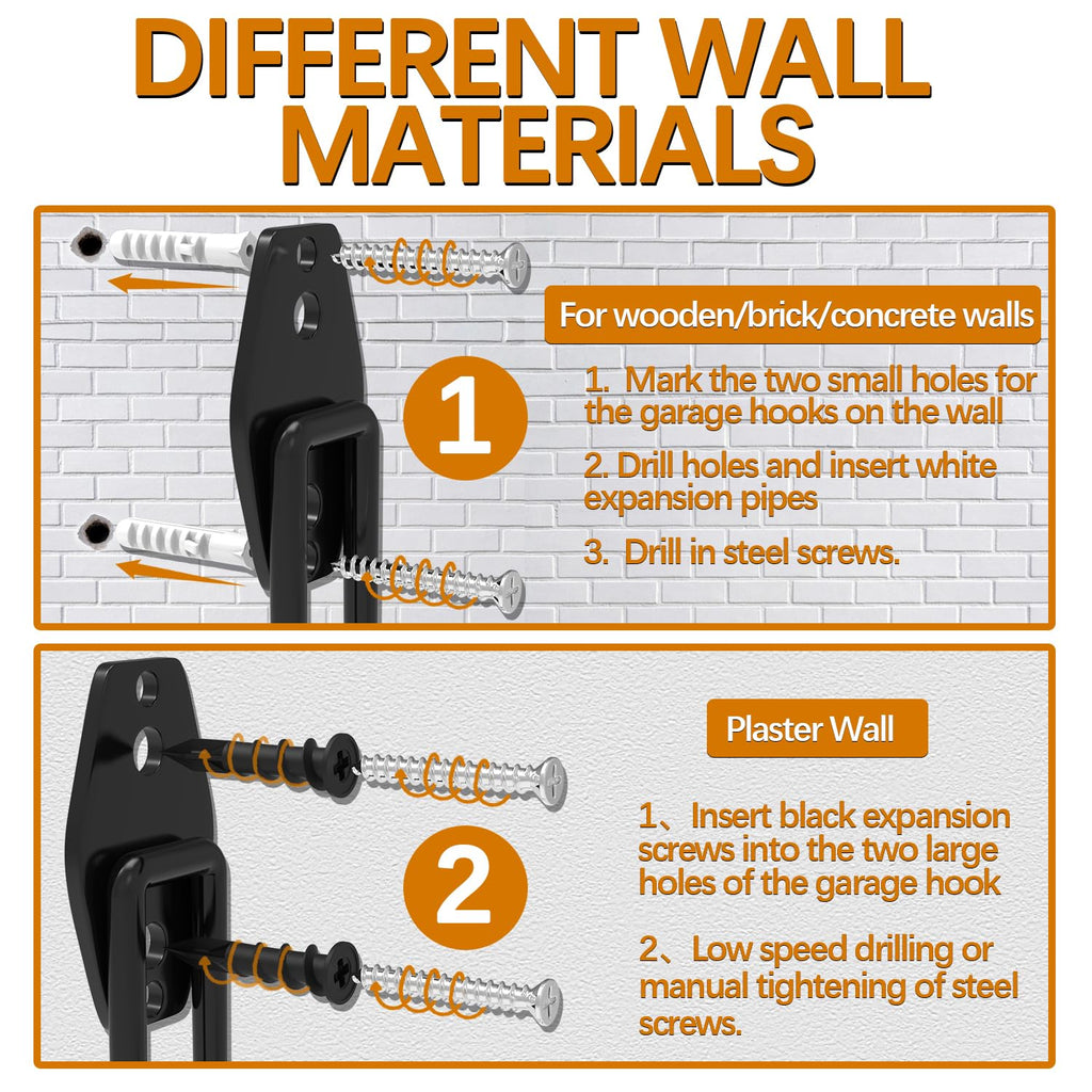 3-H Garage Wall Hooks 42 Pack, Heavy Duty Garage Hooks with Extra Welding Spots, Wall Mount Storage Organizer for Hanging Garden Lawn Tools, Ladder, Bike, WeedEater, Chair, Shovel, Blower (Orange)