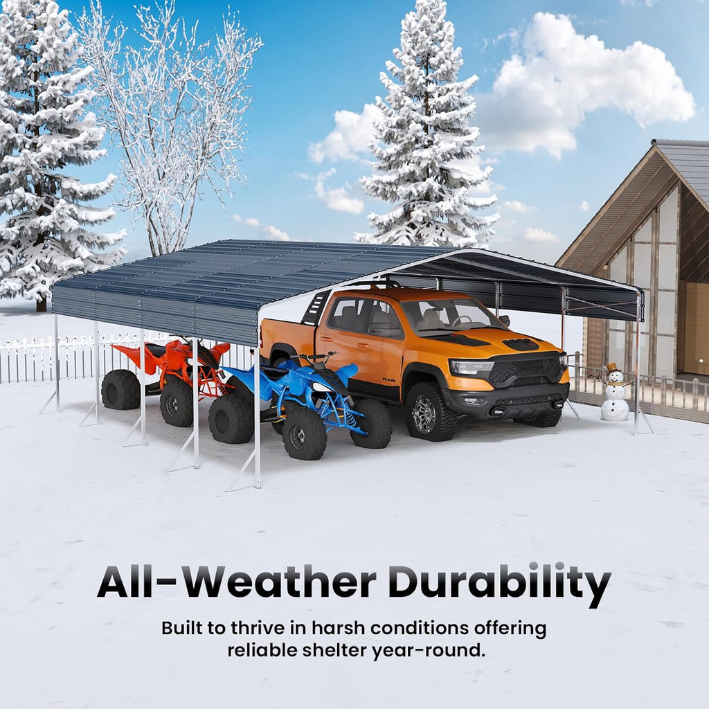 20x20ft Heavy Duty Metal Carport – Outdoor Galvanized Garage, Sturdy Structure, All-Weather Protection, Easy Assembly for Cars, Trucks, Boats, Tractors, and Outdoor Storage (Grey, 20x20FT)