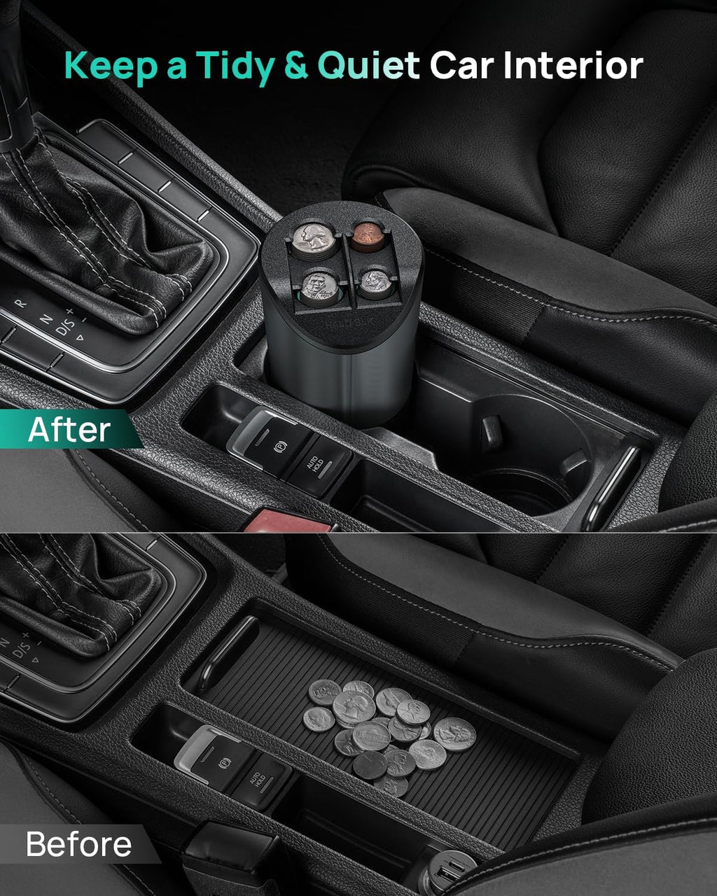 HALOBLK Large Capacity Coin Holder for Car Change Organizer, Compatible with Most Vehicles & Trucks, Black (1 Pack)