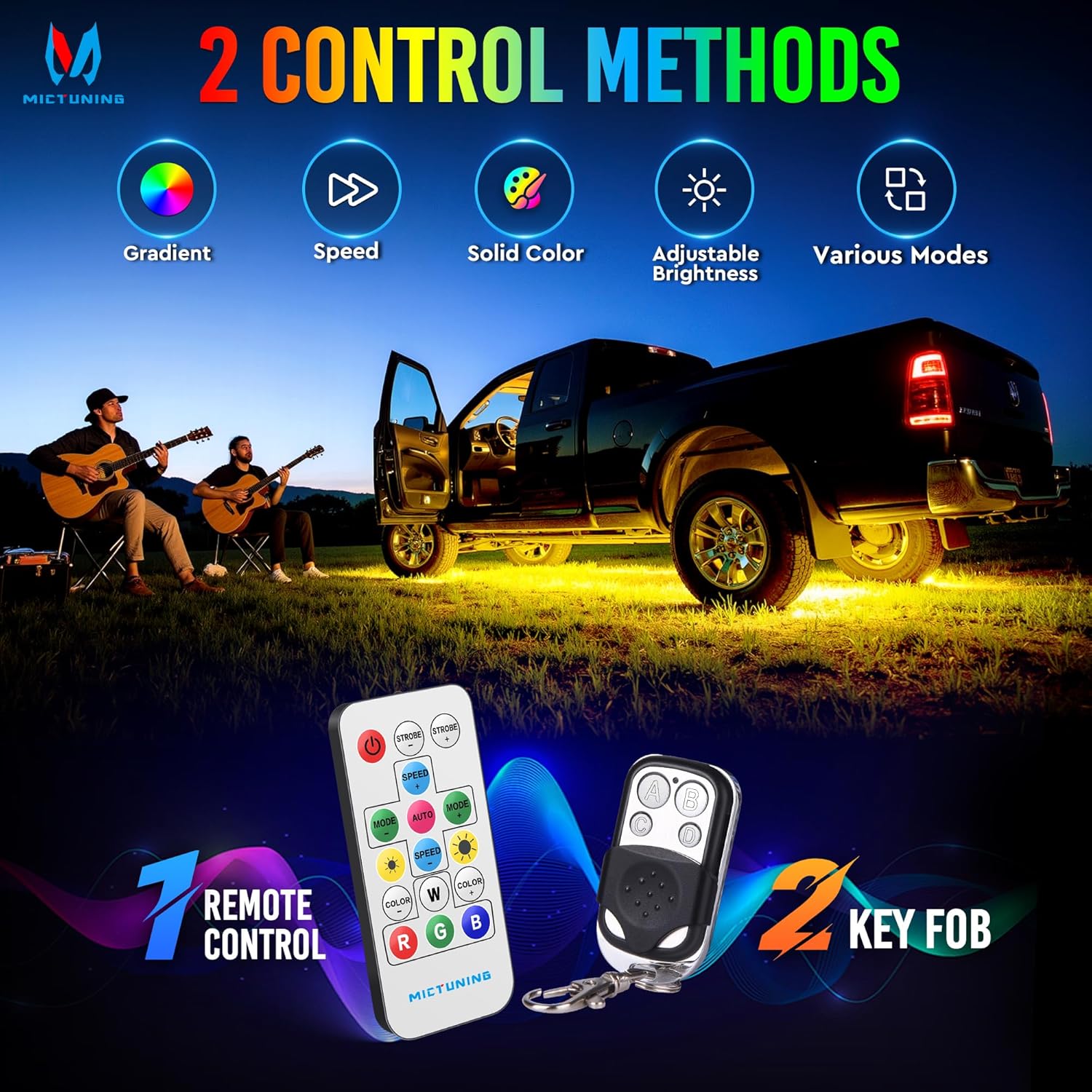MICTUNING U8 RGB Underglow LED Light Bar, Dual Remote Control, Multicolor Underbody Light Strip with Aluminum Housing, Car SUV Exterior Neon Accent IP68 Waterproof, 8pcs