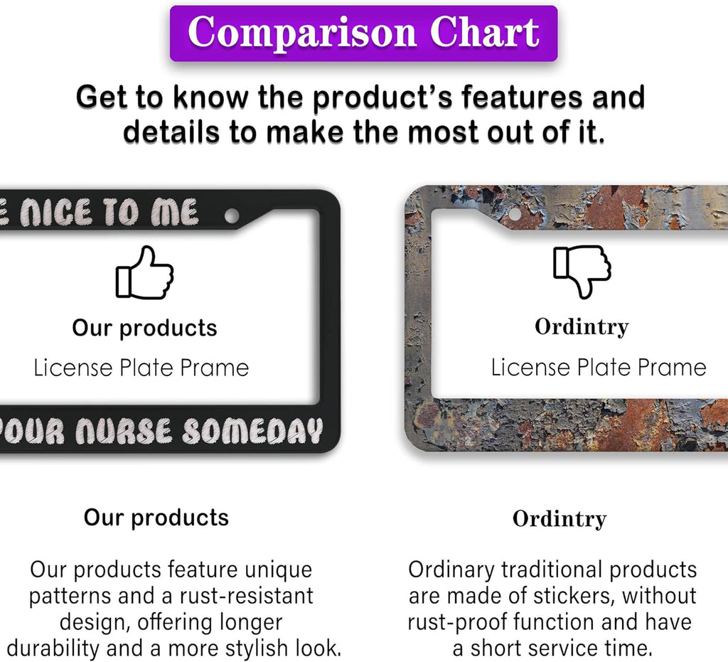 License Plate Frames Black and White License Plate Frame Be Nice to Me I May Be Your Nurse Someday Universal Aluminum Car Accessory 2 Pack with Screw Covers Set