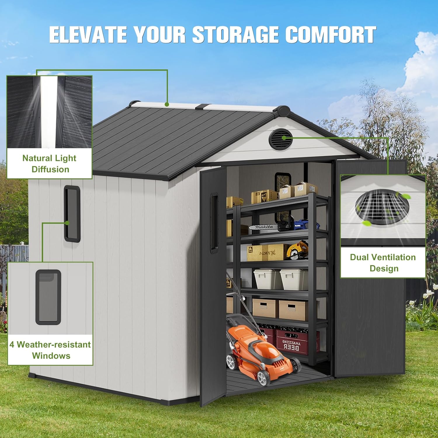 COOS BAY Resin Outdoor Storage Shed with Lockable Double Doors, Heavy-Duty Floor, All-Weather Garden Shed for Tools & Equipment, 8x6 ft, White/Gray