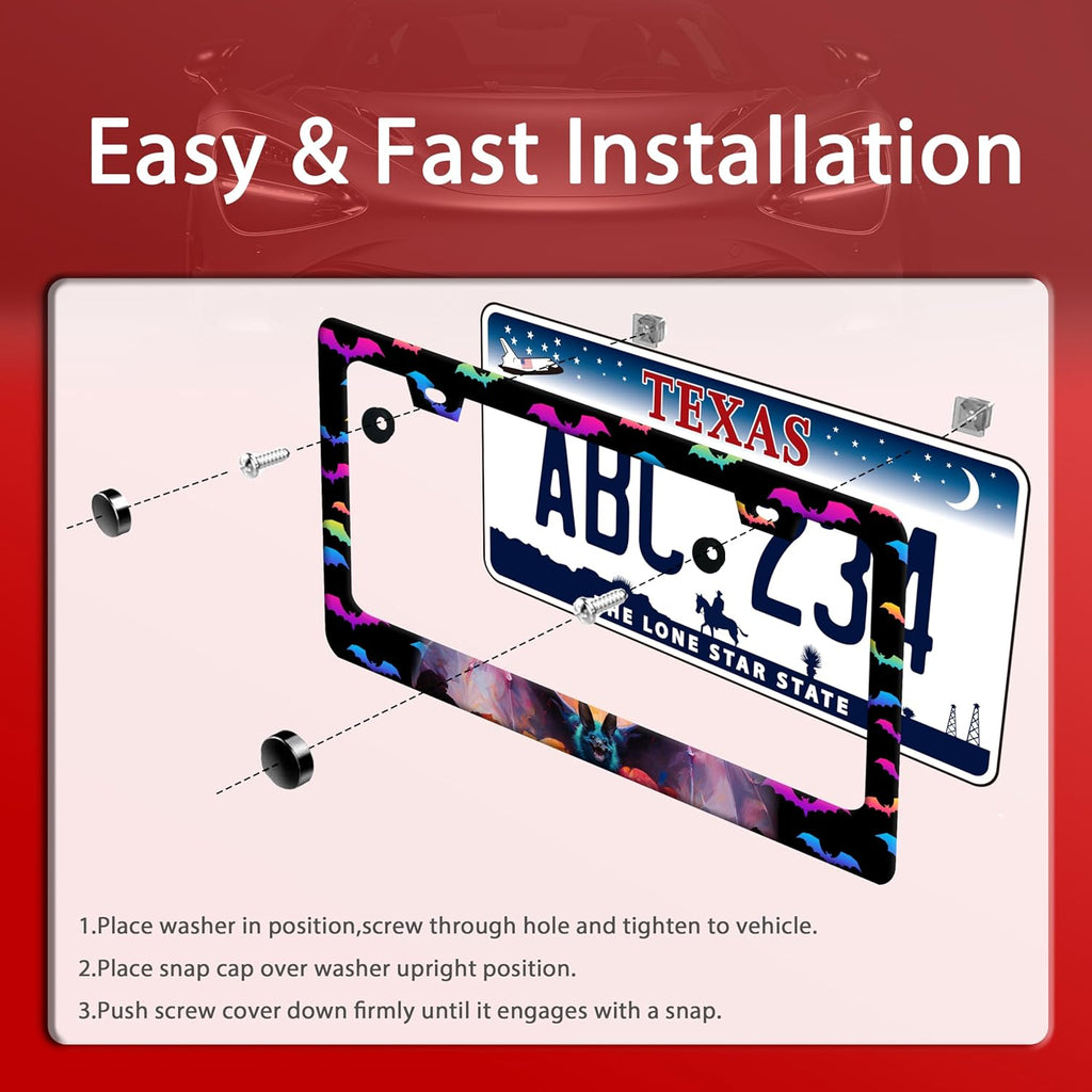 Bat License Plate Frame Funny Gothic License Plate Frames Stainless Steel Accessories Cars Decor with 2 Holes and Screws Reusable Fits Standard Us Ca Vehicles License Plate Holder 12.2 X 6 Inch